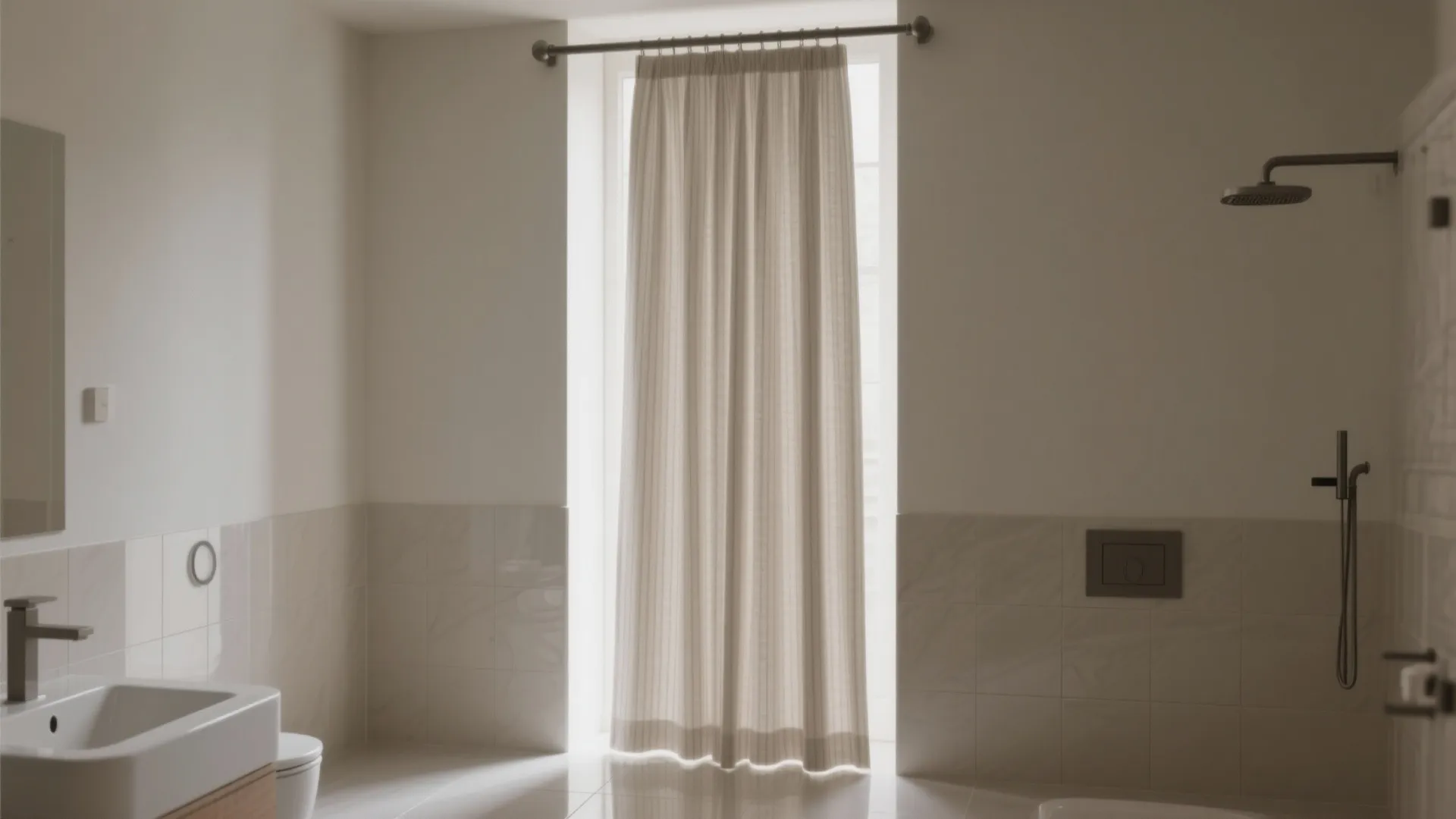 Modern bathroom featuring long beige curtain over a window beside a black wall shower head