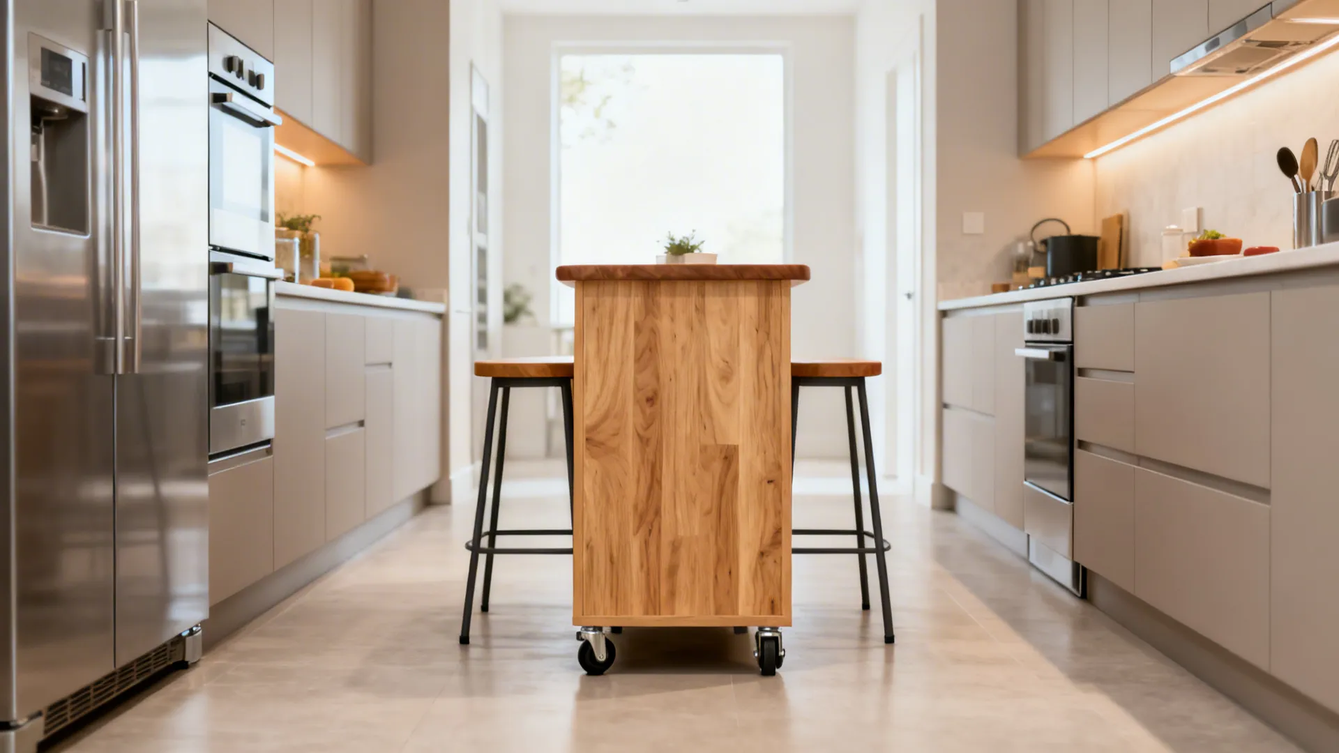 Narrow maple-top trolley functioning as a slim island in a galley kitchen.
