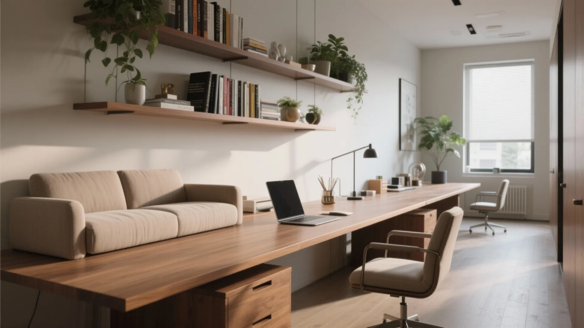 2. Narrow writing desk with floating shelves