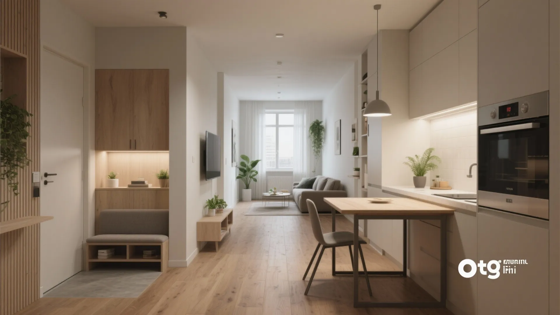 Long narrow apartment view showing open kitchen dining area living room and large window natural light