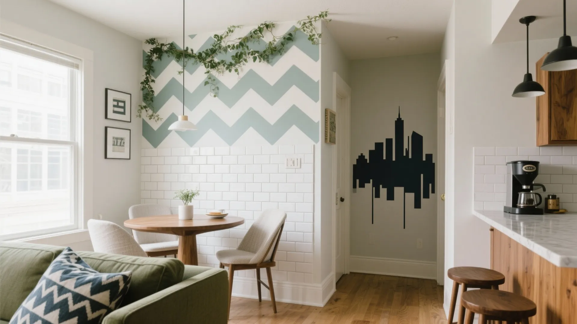 Bright dining area with wooden table white brick wall green zigzag pattern and city skyline sticker