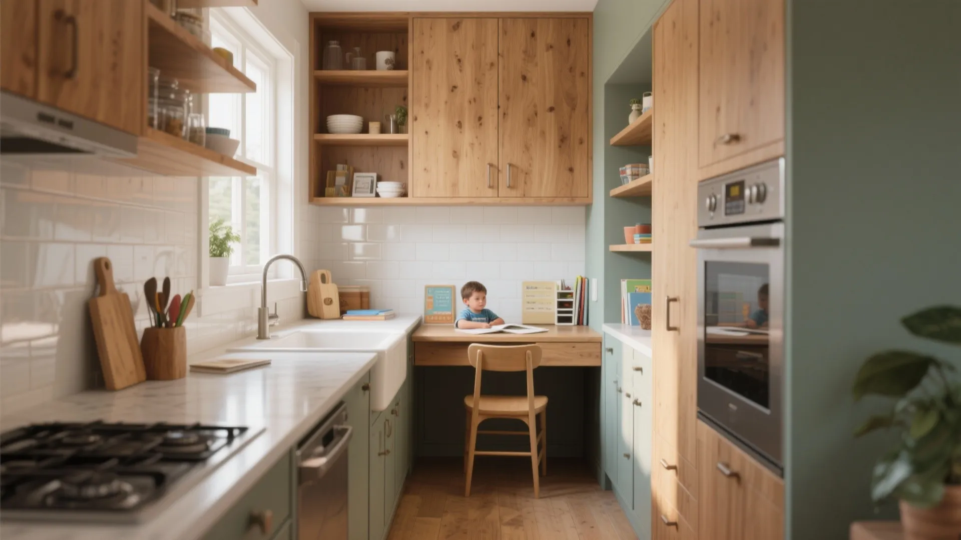 Small galley kitchen featuring green cabinets wood shelves and a built in desk for kids