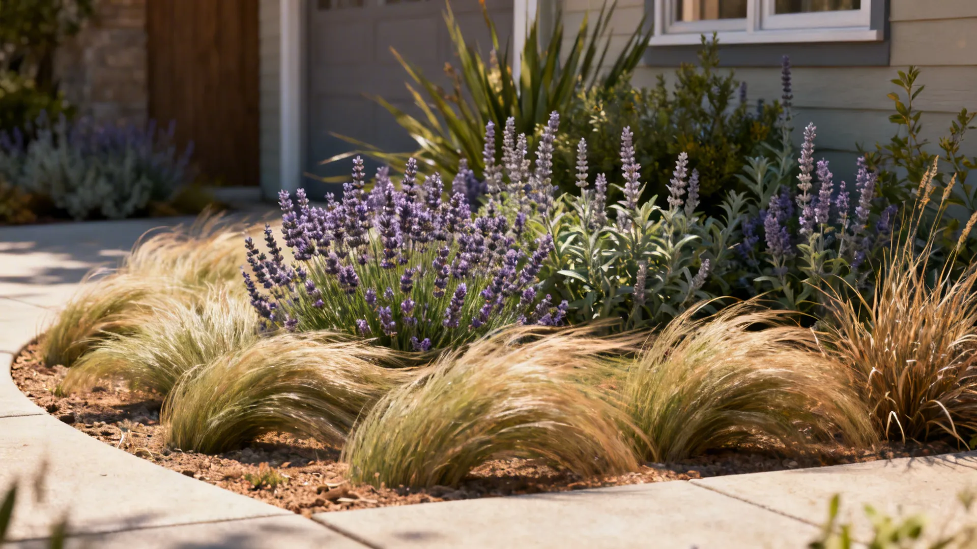 Small front yard with lavender, Russian sage and ornamental grasses in a drought-tolerant layout.