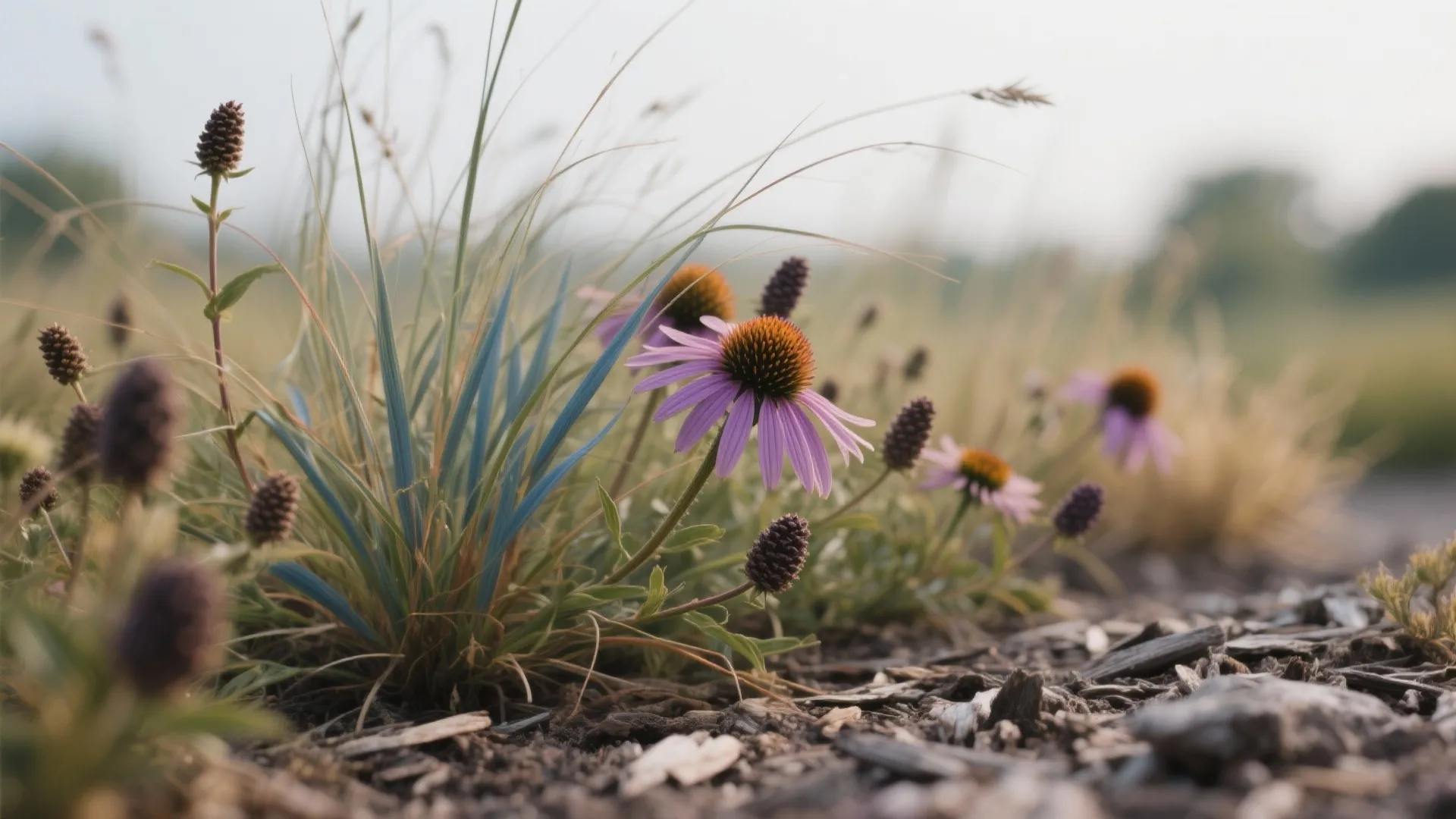 Purple flowers growing in a natural garden with tall green grass and dark brown wood