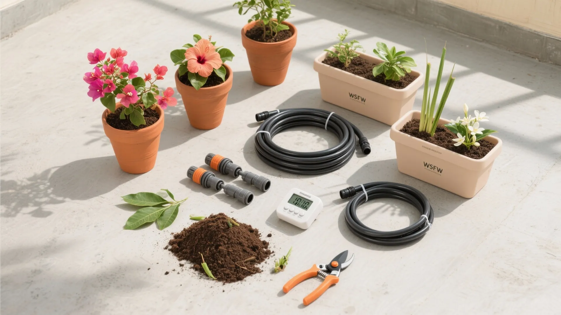 Gardening tools and materials including soil garden hose shears and flower pots on concrete floor