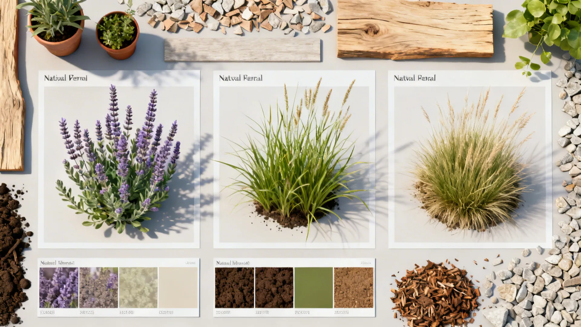 Flatlay of native plant palette, soil, and material samples for a small yard