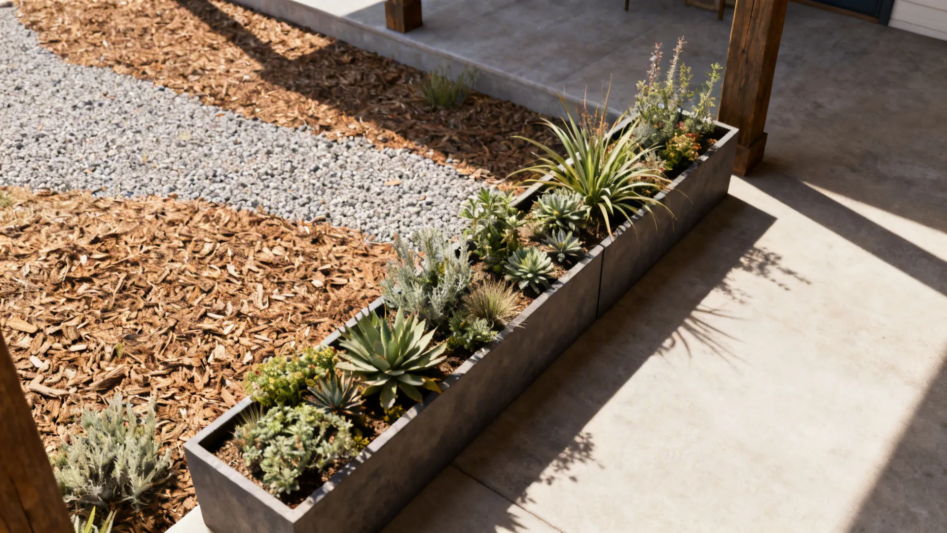 Long rectangular planters with native, drought-tolerant plants along a porch.