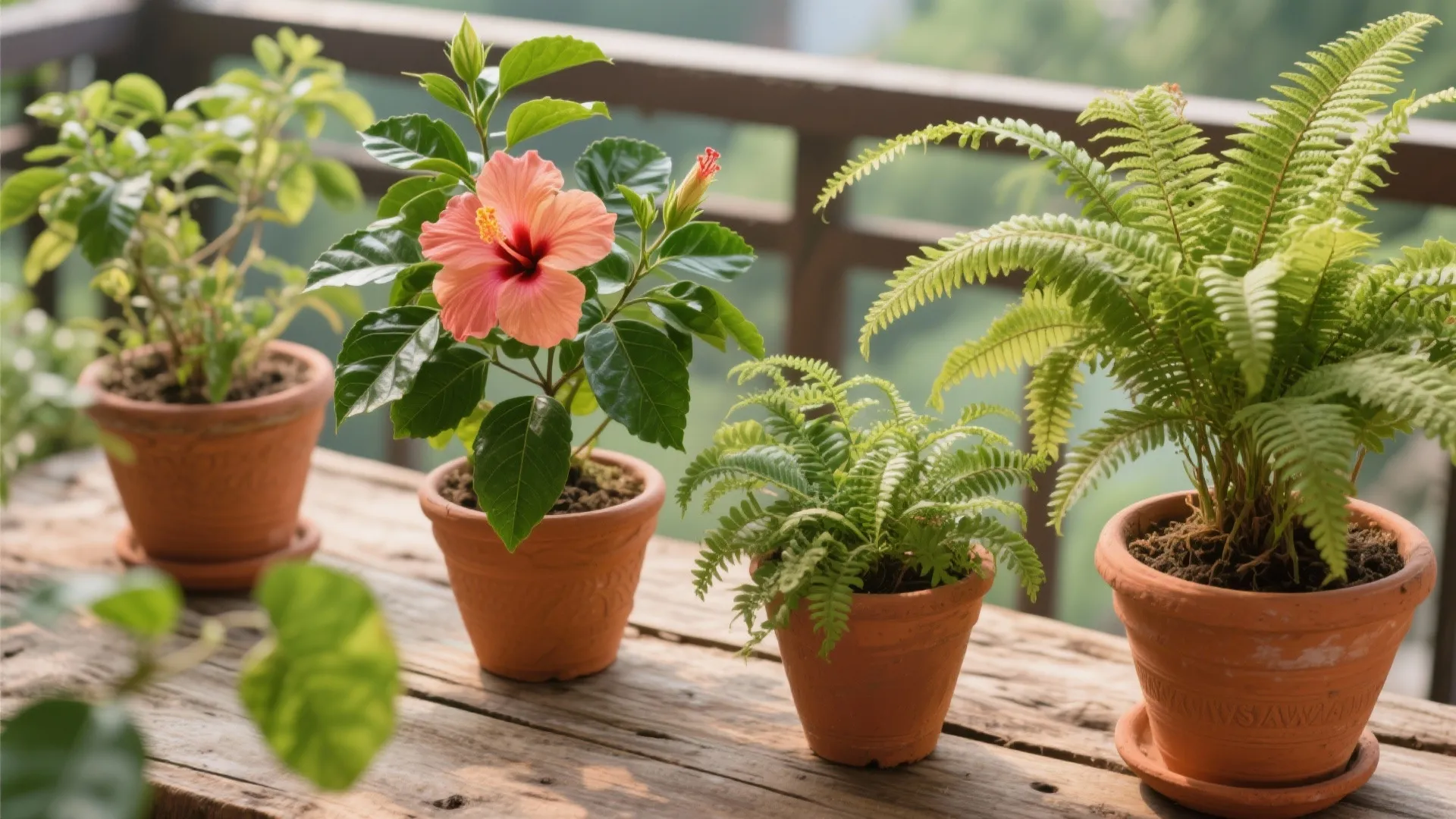 Row of potted plants including a pink flower and green ferns on a wooden balcony