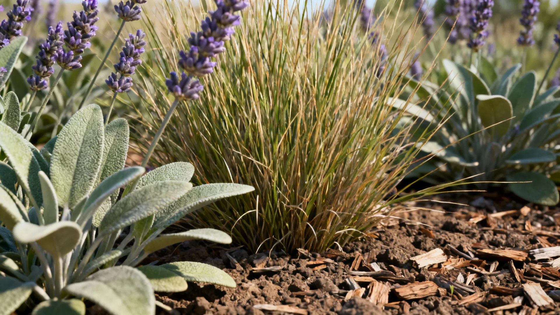 Close-up of native drought-tolerant plants like sage, lavender, and ornamental grass.
