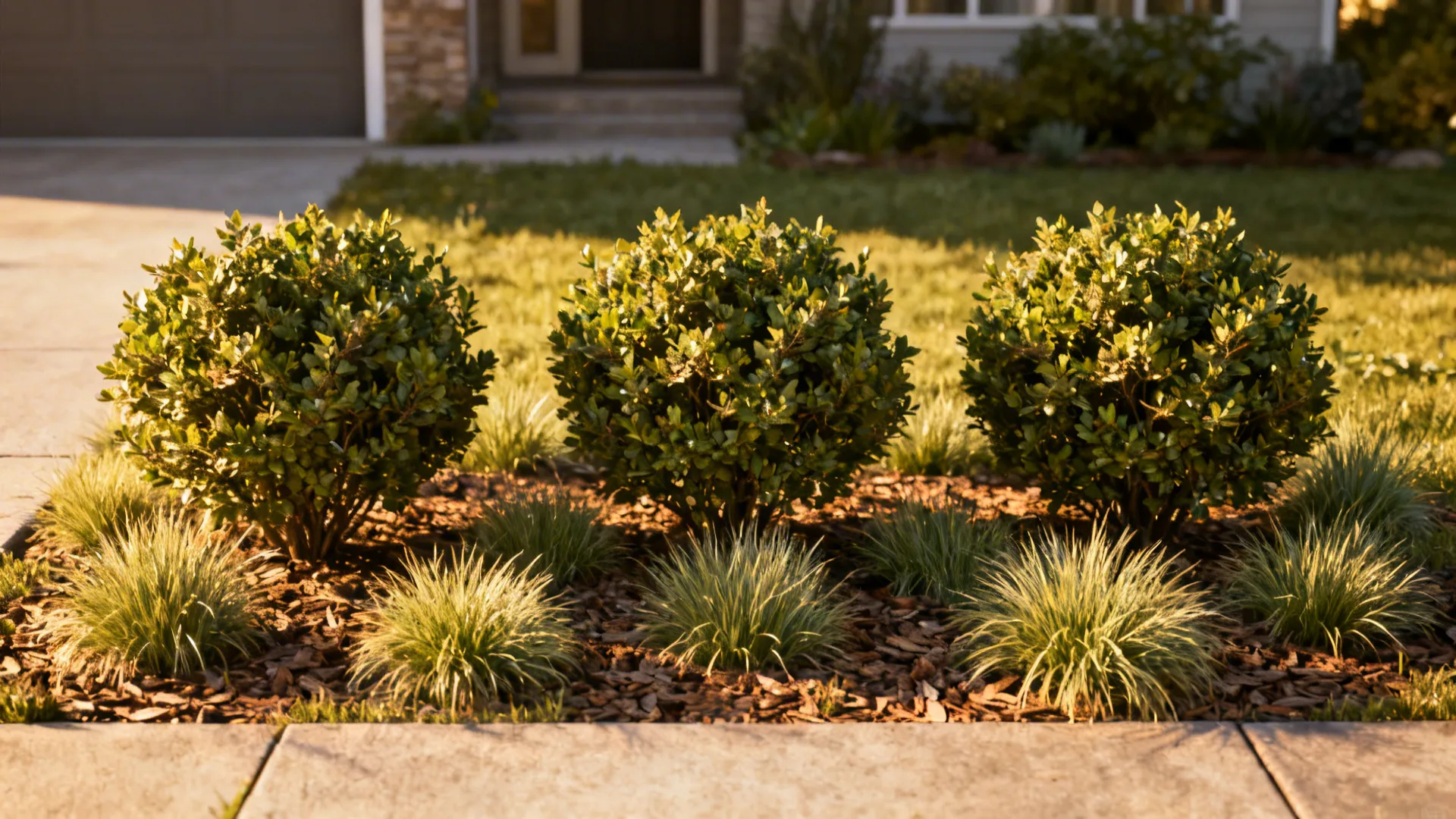 Row of native shrubs with clumping ornamental grasses in a small front yard