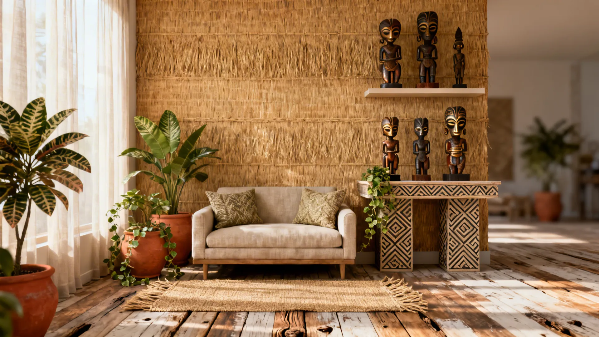 Small lounge with a woven raffia and reclaimed wood accent wall featuring small African carvings.