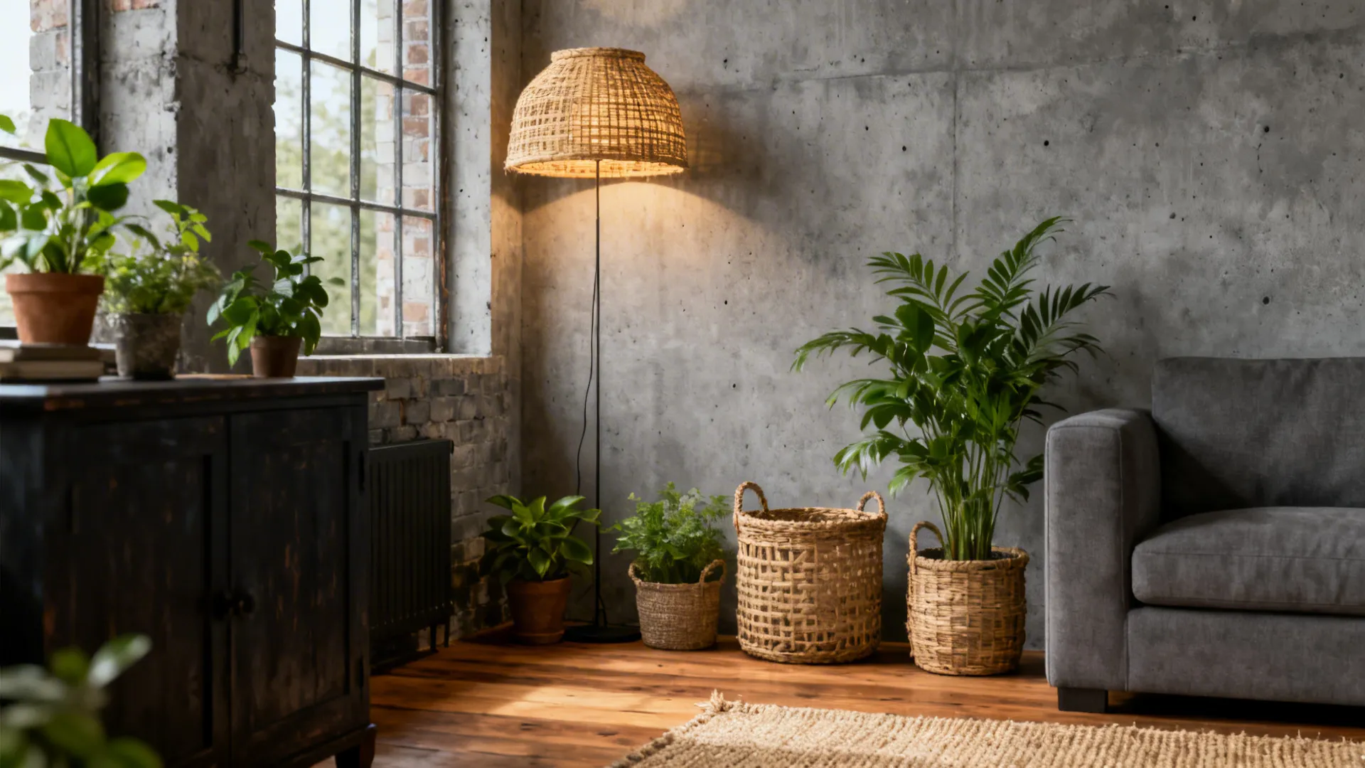 Studio corner softened by rattan lamp, woven baskets, plants and a jute runner against gray surfaces.
