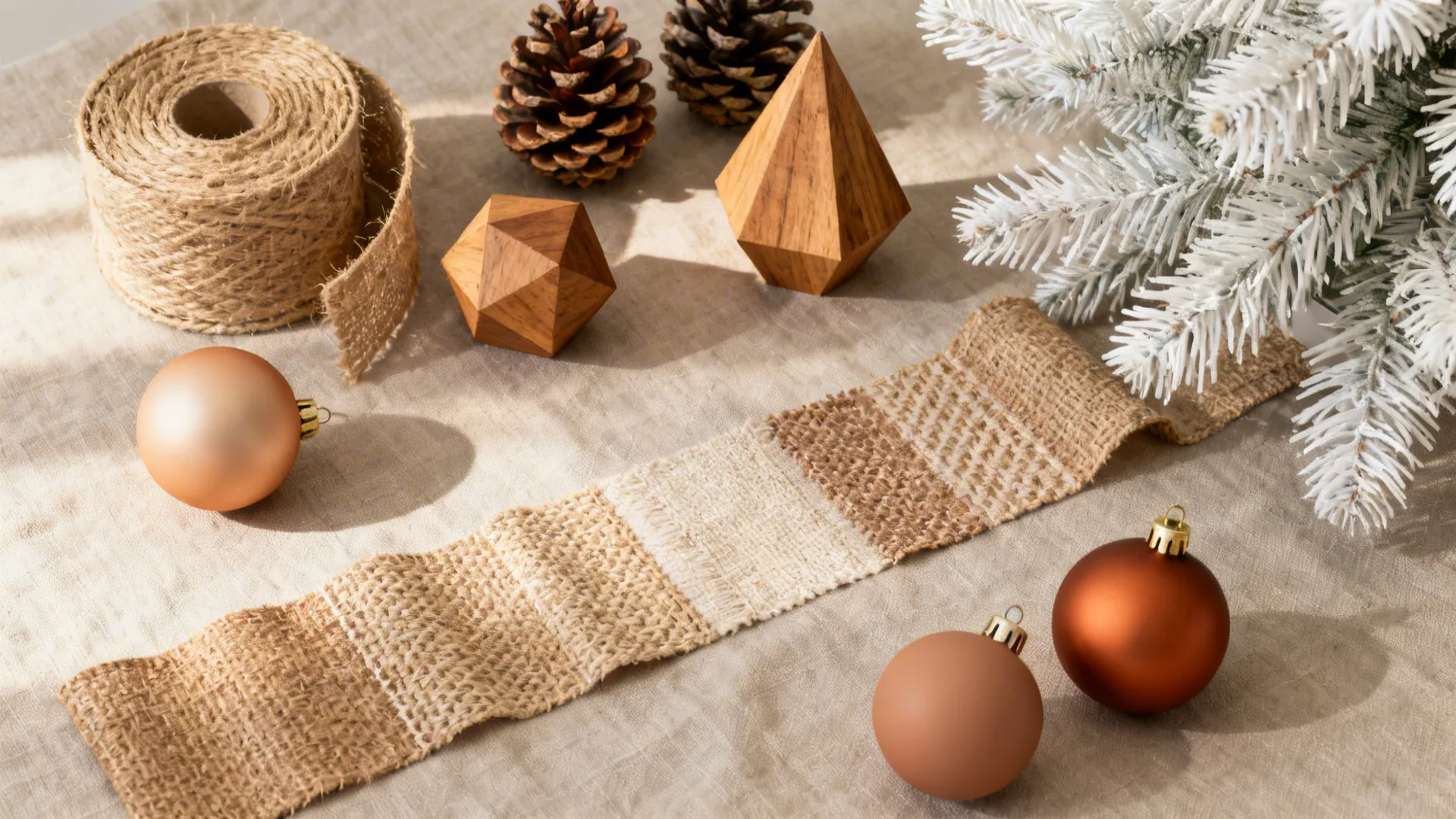 Flatlay of jute ribbon, wooden ornaments, faux pinecones and shatterproof baubles for a white tree.