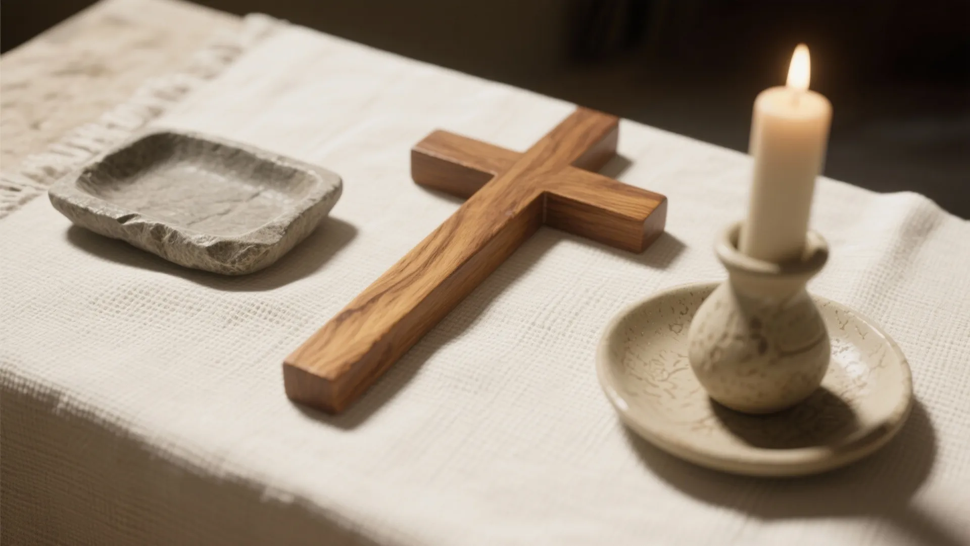 Wooden cross lying on white cloth next to a burning candle and small stone dish