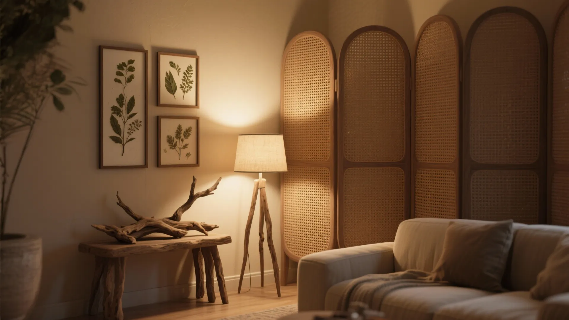Cozy room corner with tripod floor lamp wooden bench leaf wall art and woven room divider