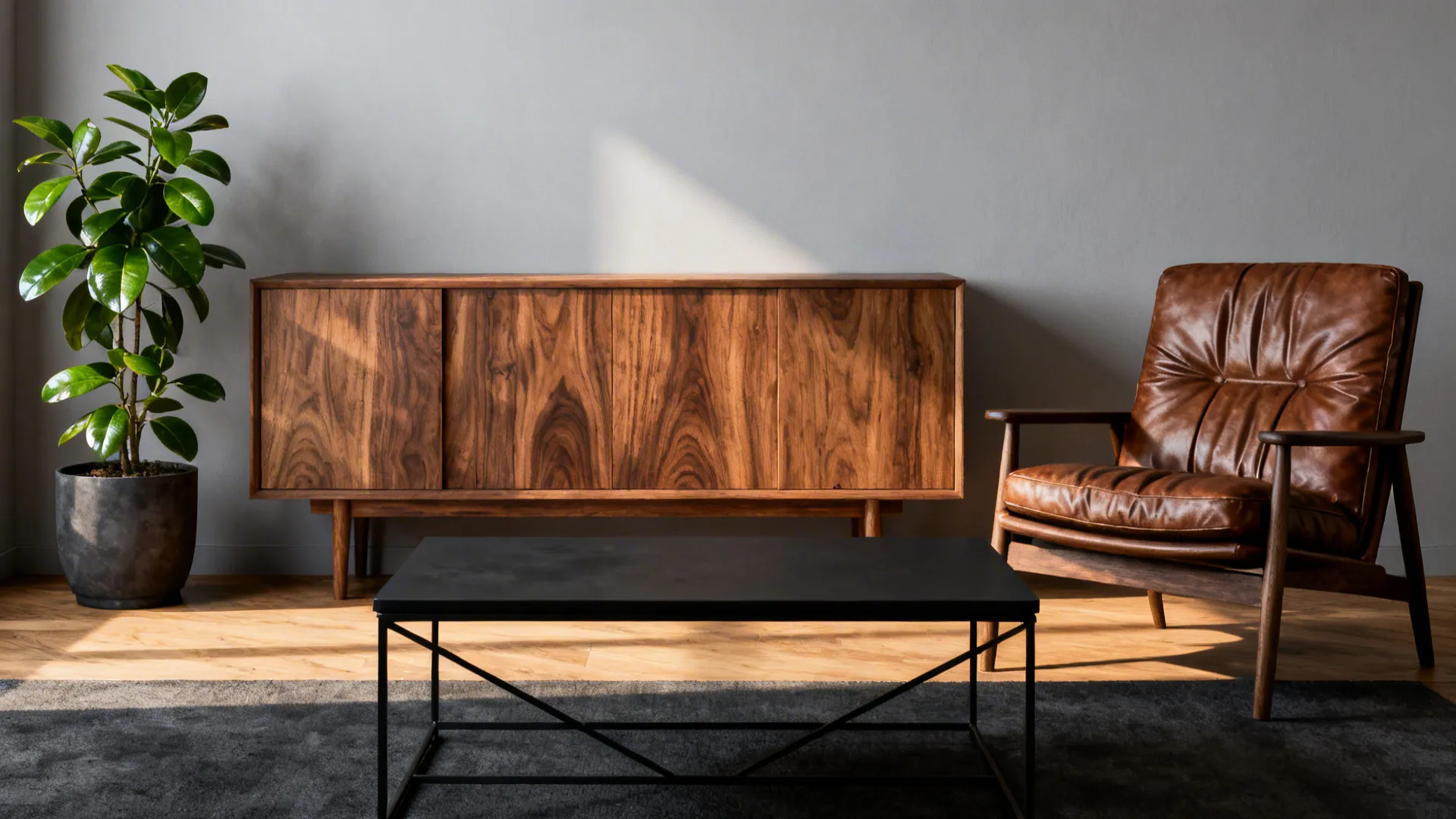 Warm wood and leather accents balancing charcoal and gray elements with live plants