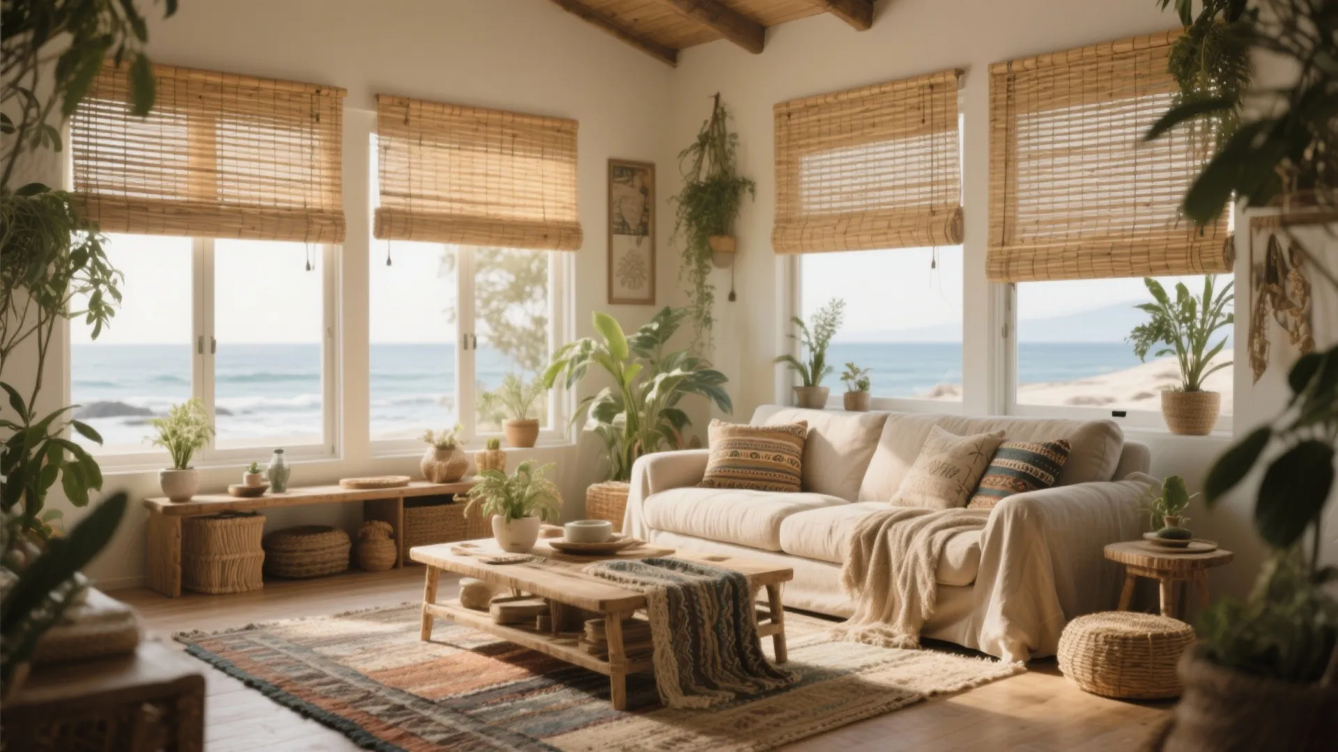 Cozy living room with large bamboo shades and bohemian decor