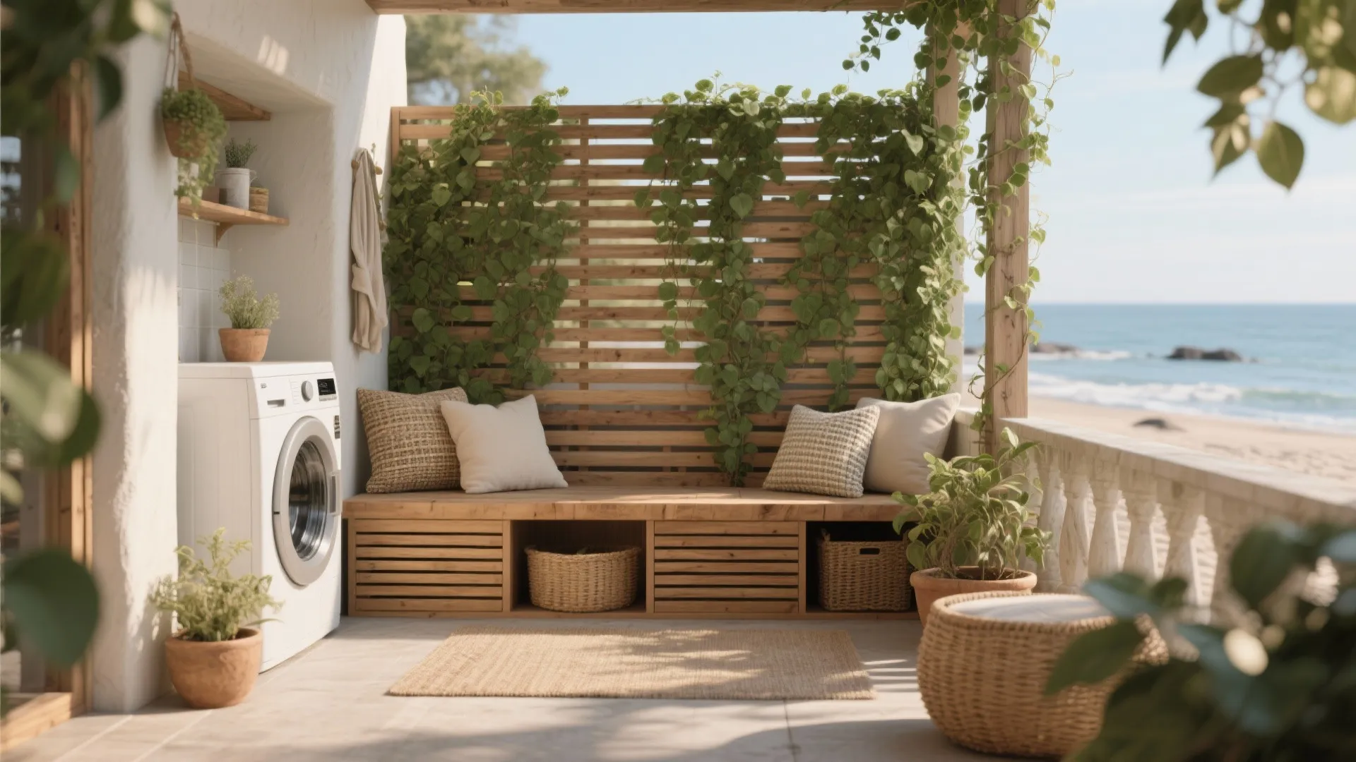 Teak slatted bench with ventilated storage and potted vine green screen softening an outdoor laundry nook.