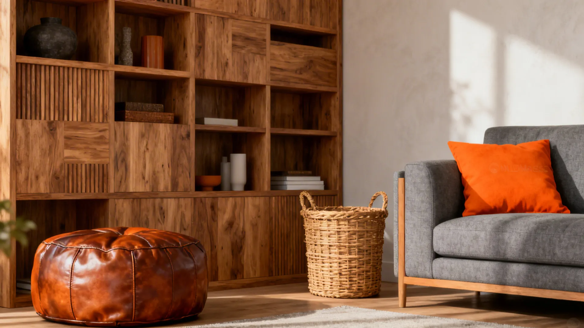 Interior vignette with oak shelving, leather pouf and rattan elements tying orange accents to grey furniture.