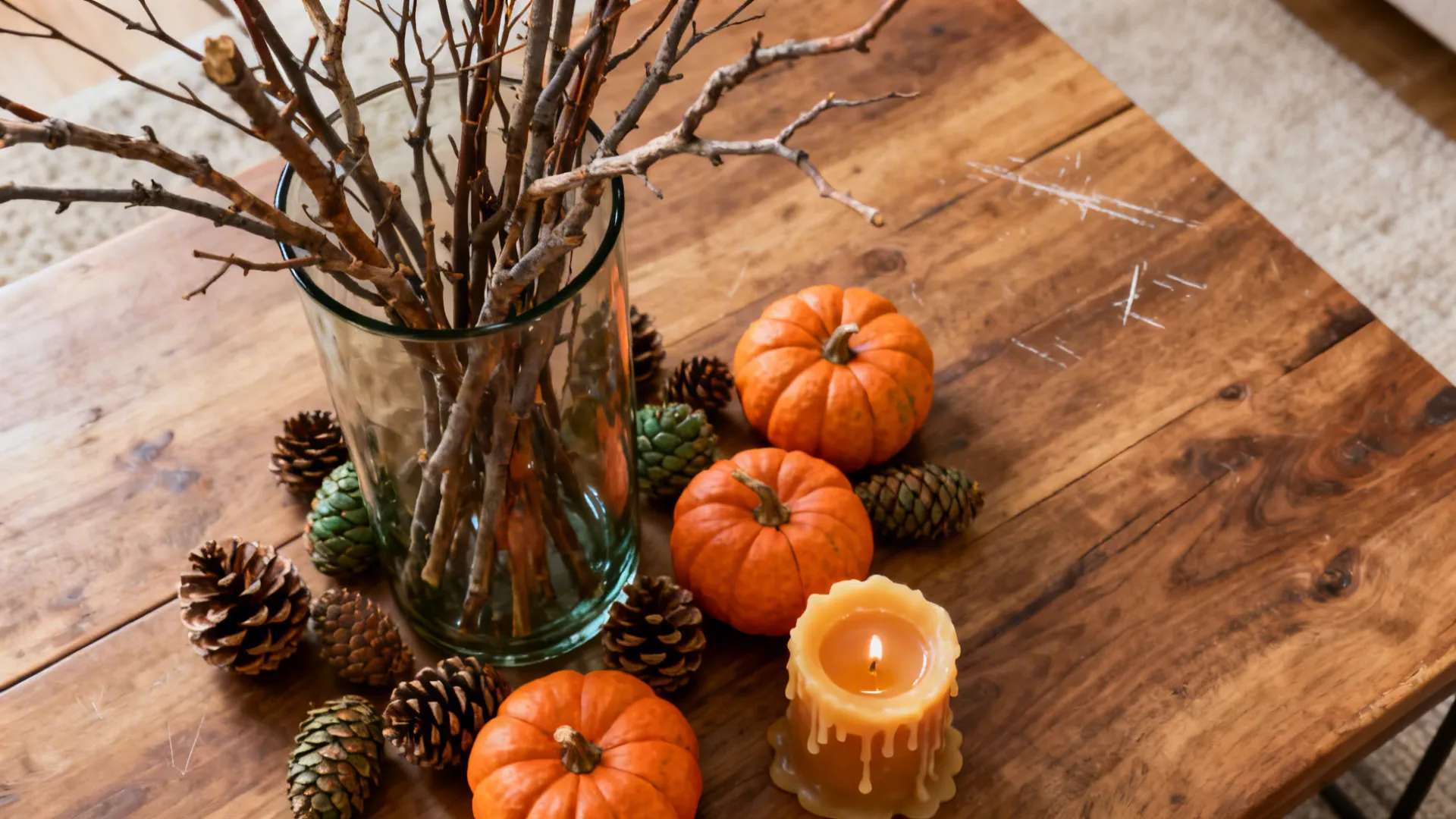 Top-down view of a coffee table arrangement with branches, pinecones, mini pumpkins, and a beeswax candle.
