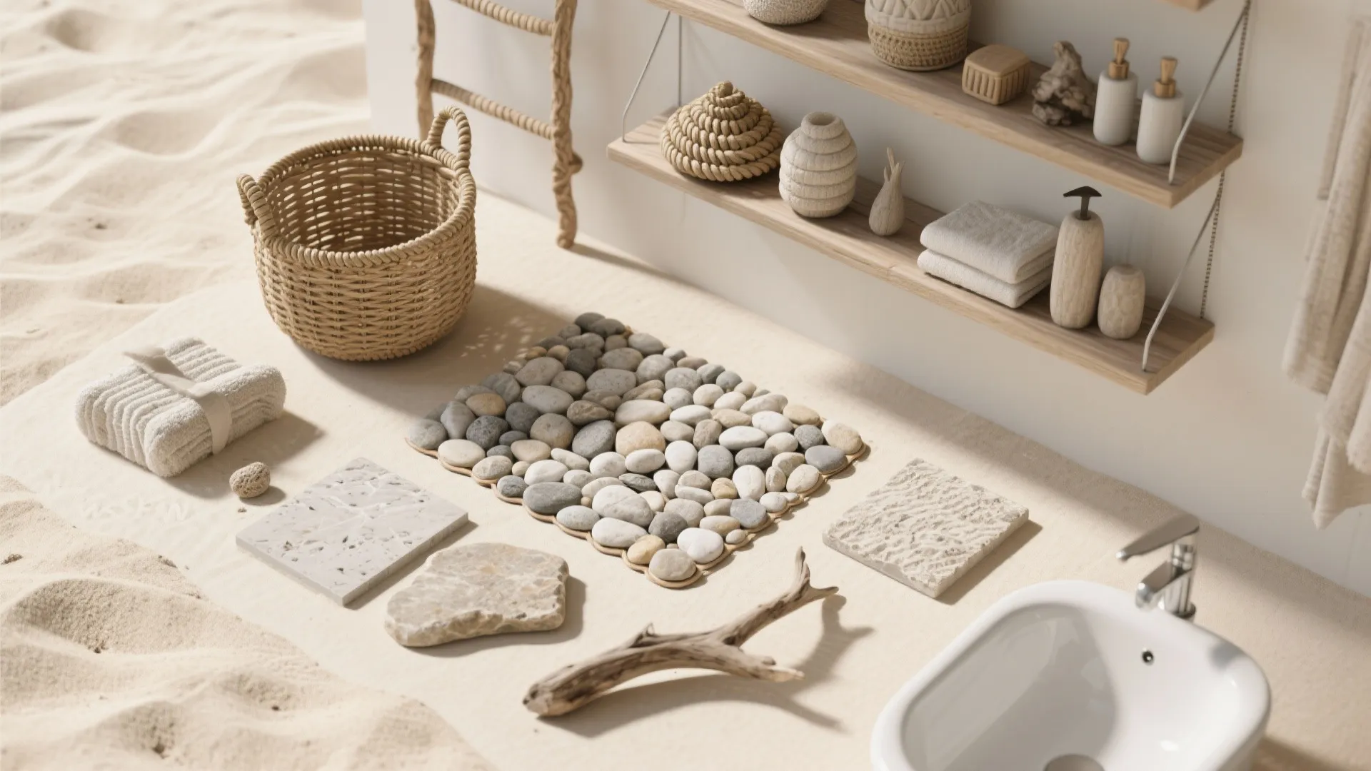 Coastal mood board with pebble mat woven basket stone tiles and wooden shelves on sand