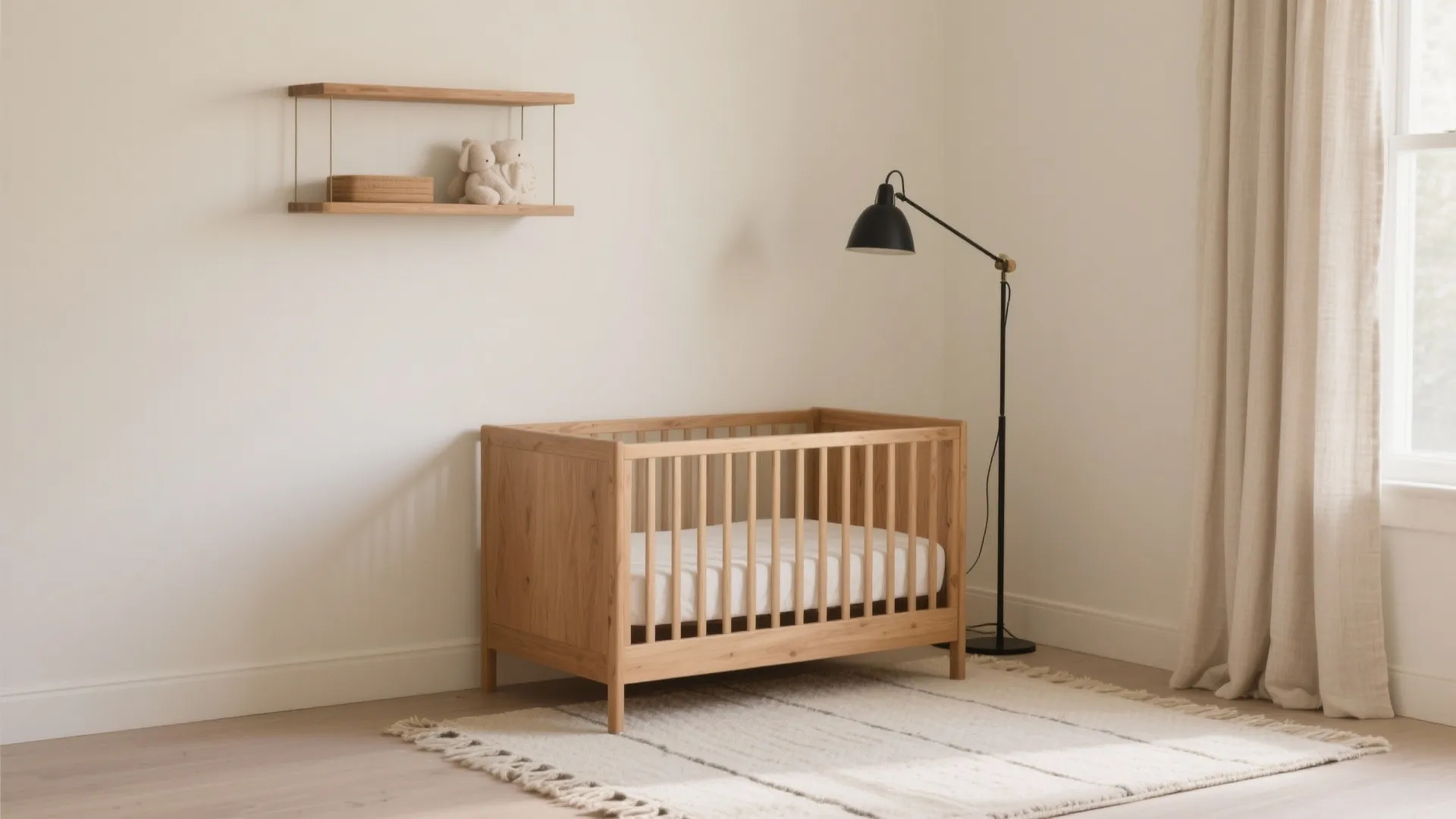 Minimalist nursery room featuring a wooden crib black floor lamp wall shelf and beige curtains