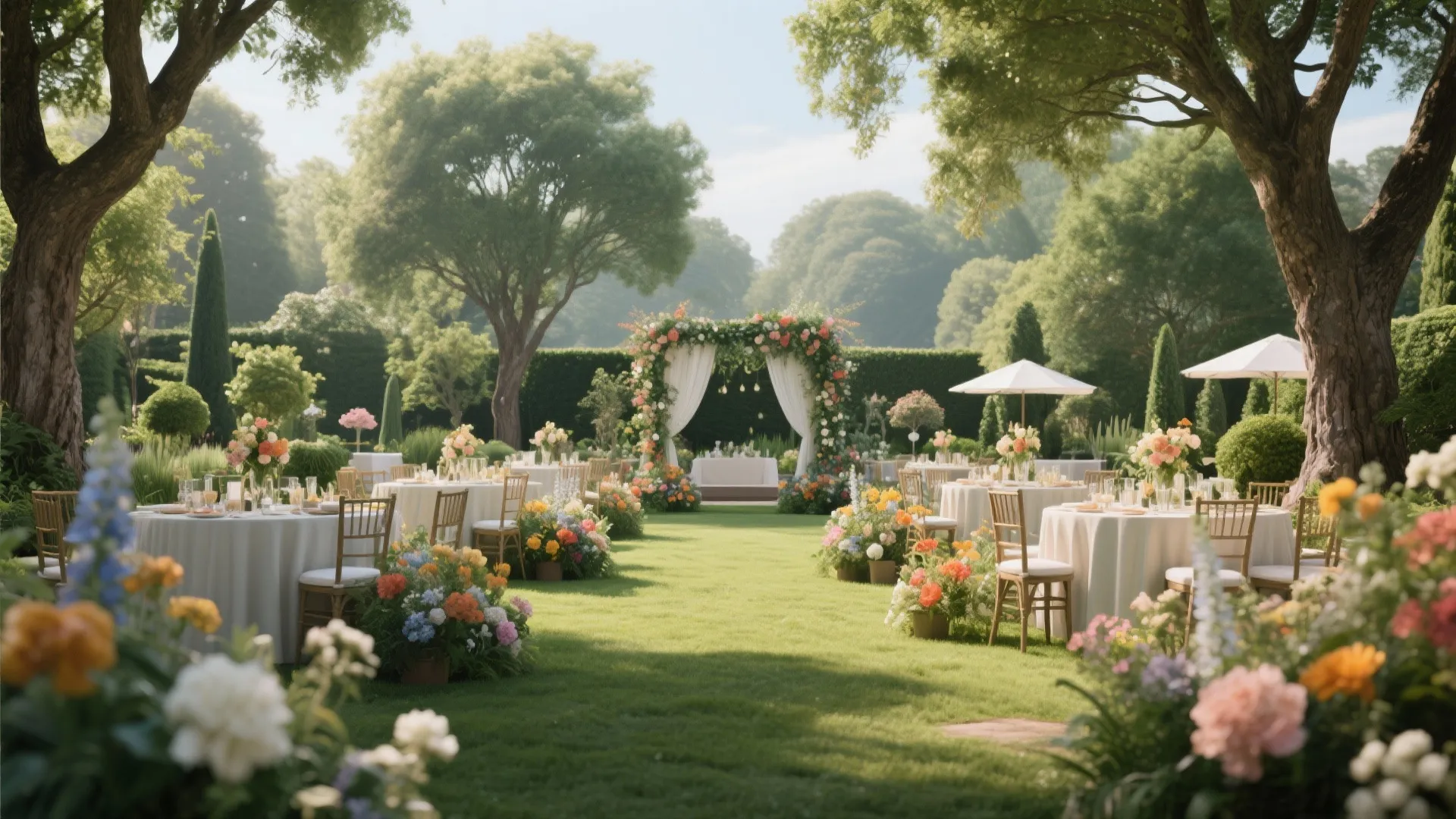 Elegant garden party area with round dining tables white tablecloths and colorful fresh flower decorations