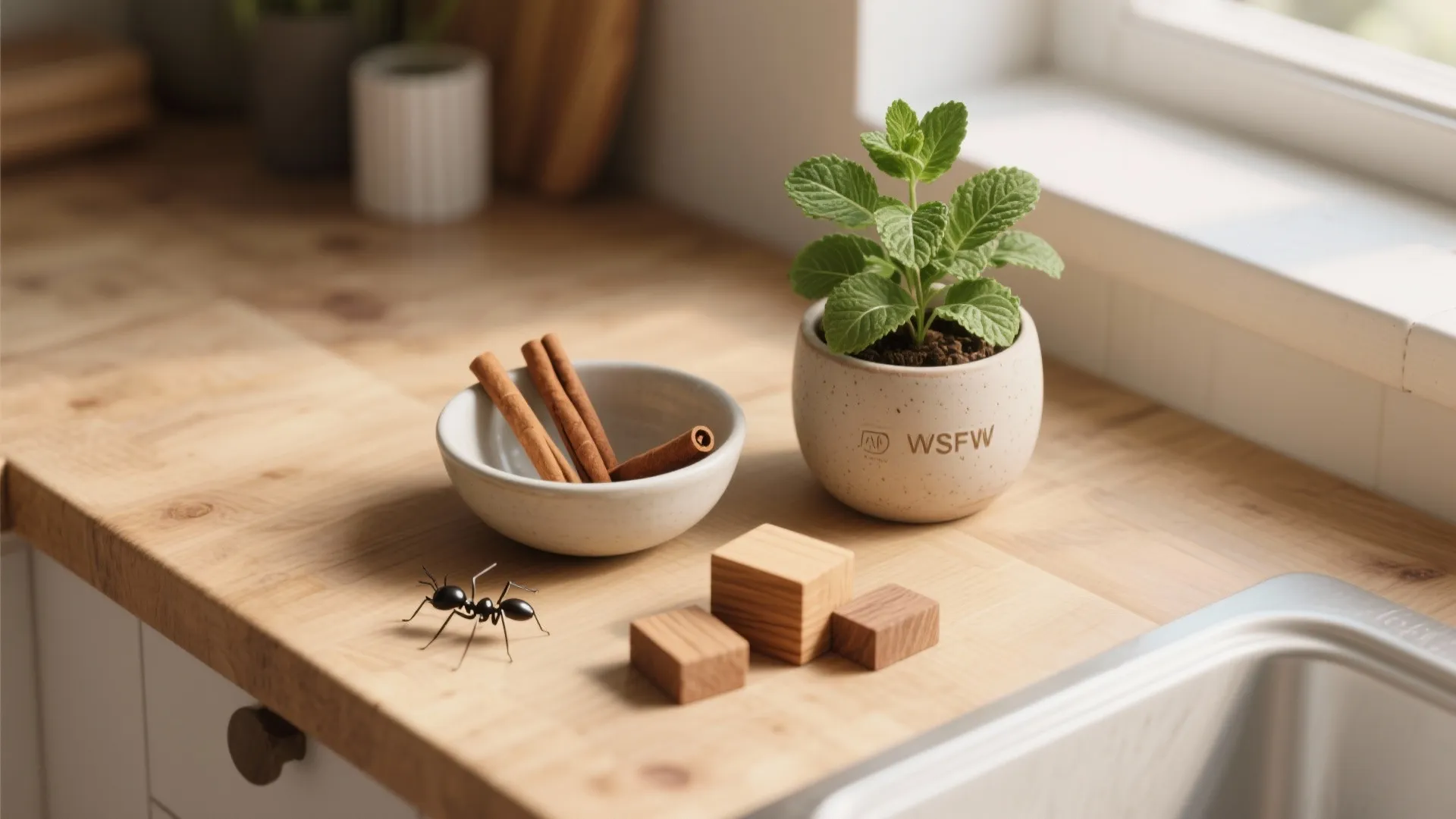 Wooden kitchen counter with a small potted plant cinnamon sticks in bowl and one black ant