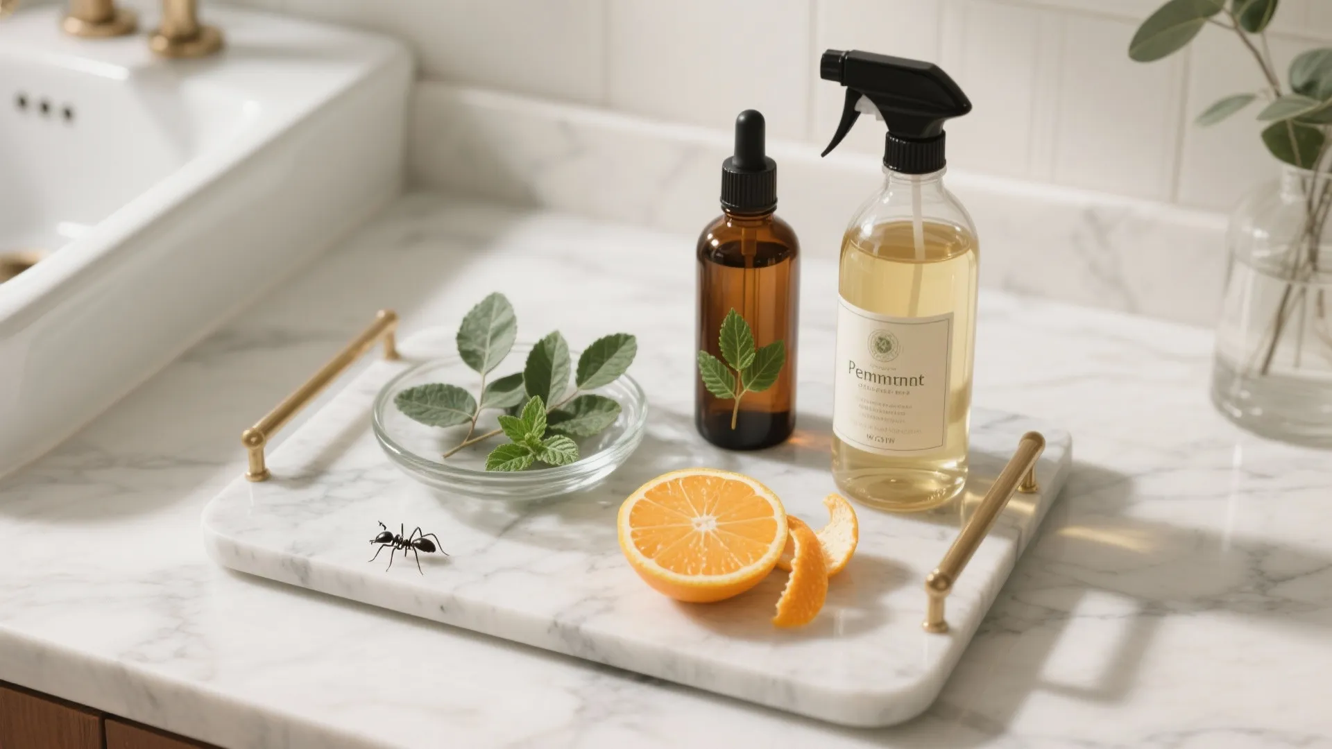 Marble tray with spray bottle essential oils orange slice and green leaves on bathroom counter