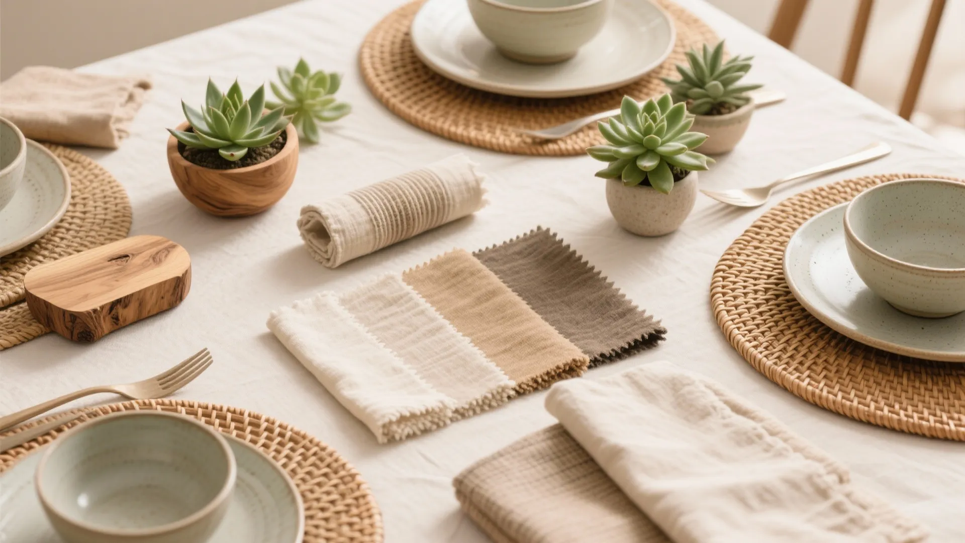 Close up dining table with woven placemats ceramic bowls green succulents and neutral tone fabric