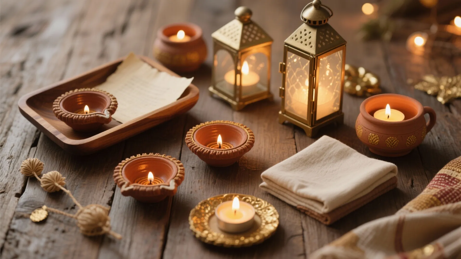 Small clay candles and decorative lanterns placed on a wooden table with soft warm lighting