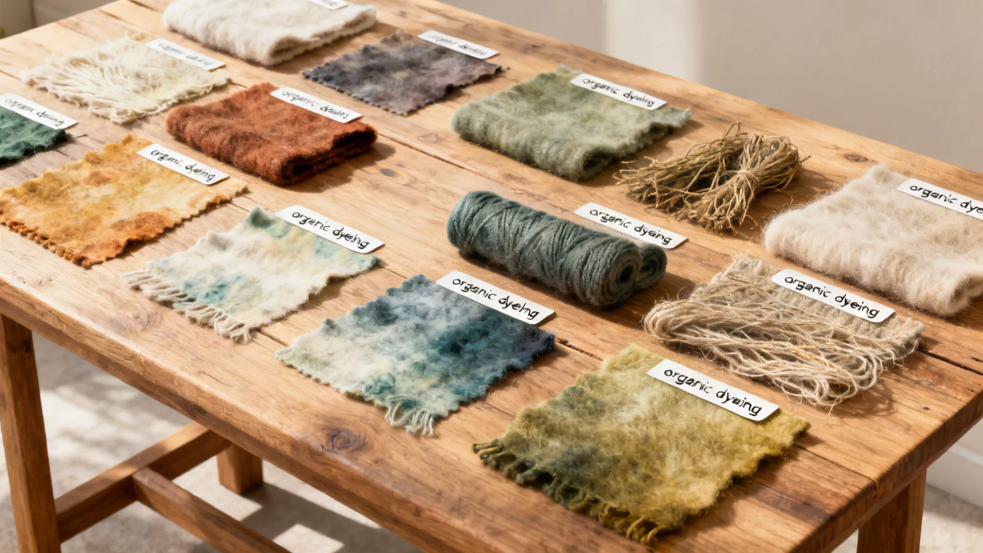 Flatlay of natural-dyed organic wool swatches showing subtle color variations