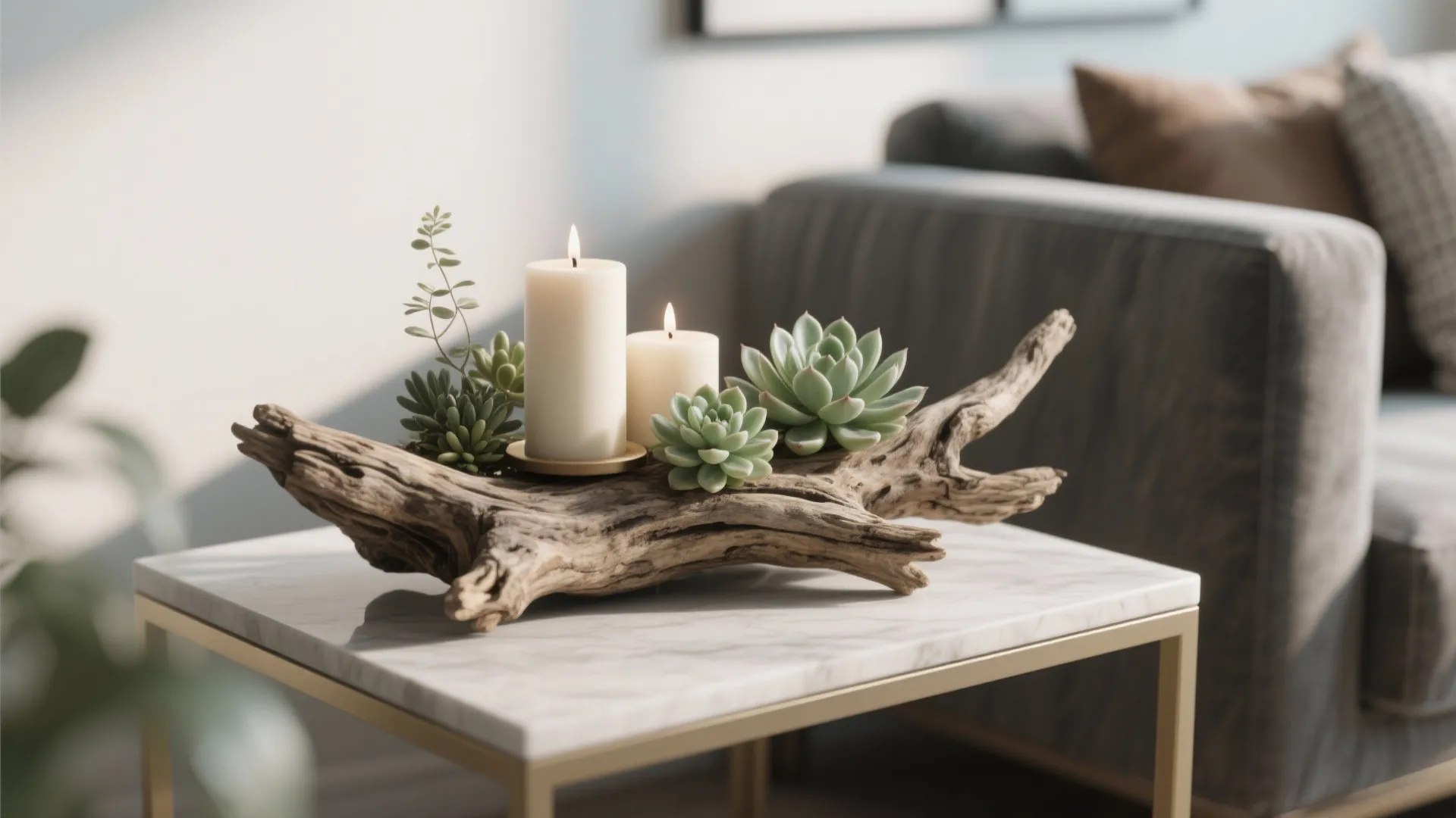 Marble coffee table with driftwood, two white candles, and green succulent plants in living room
