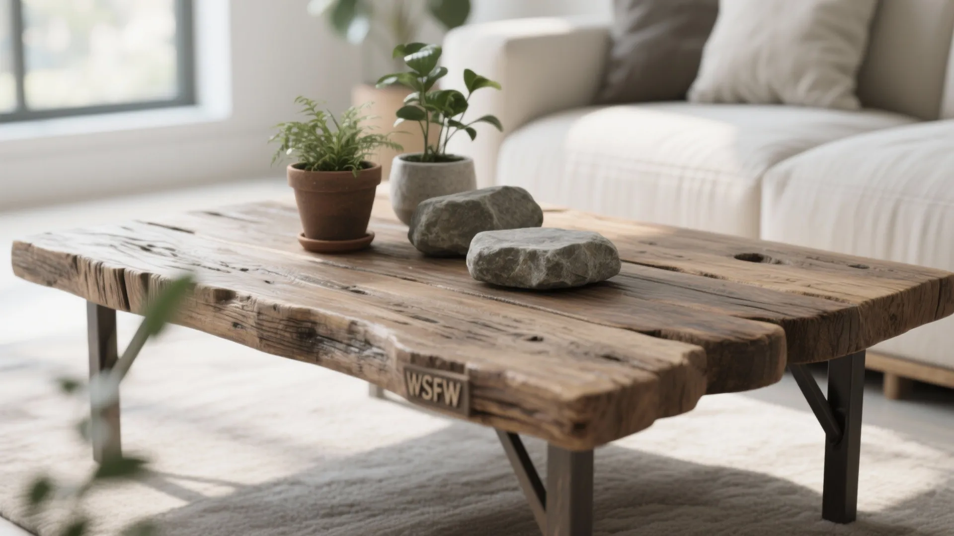 Rustic wooden coffee table with two small potted plants and grey stones in living room