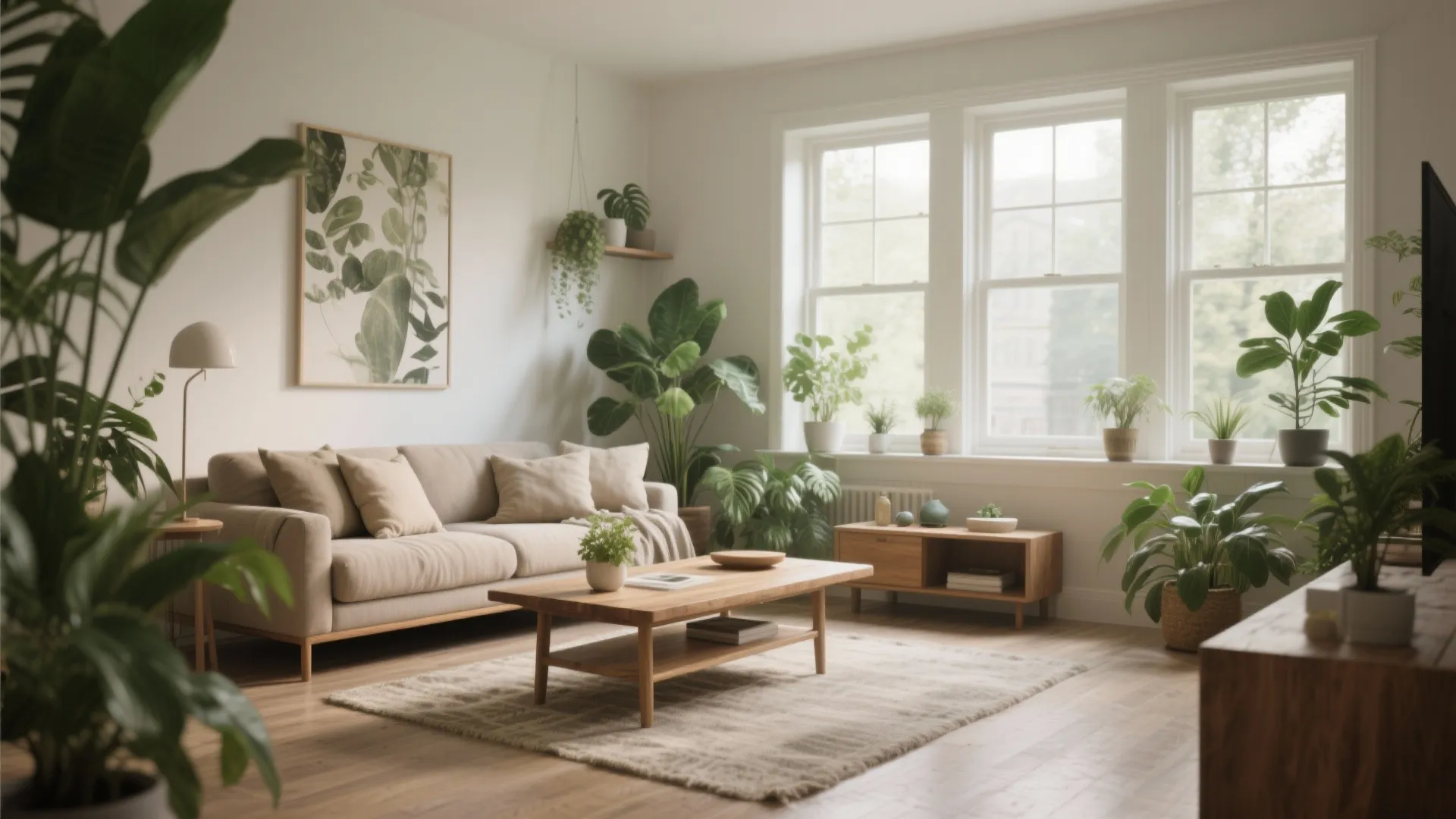 Bright living room with beige sofa wood coffee table many green indoor plants and large windows