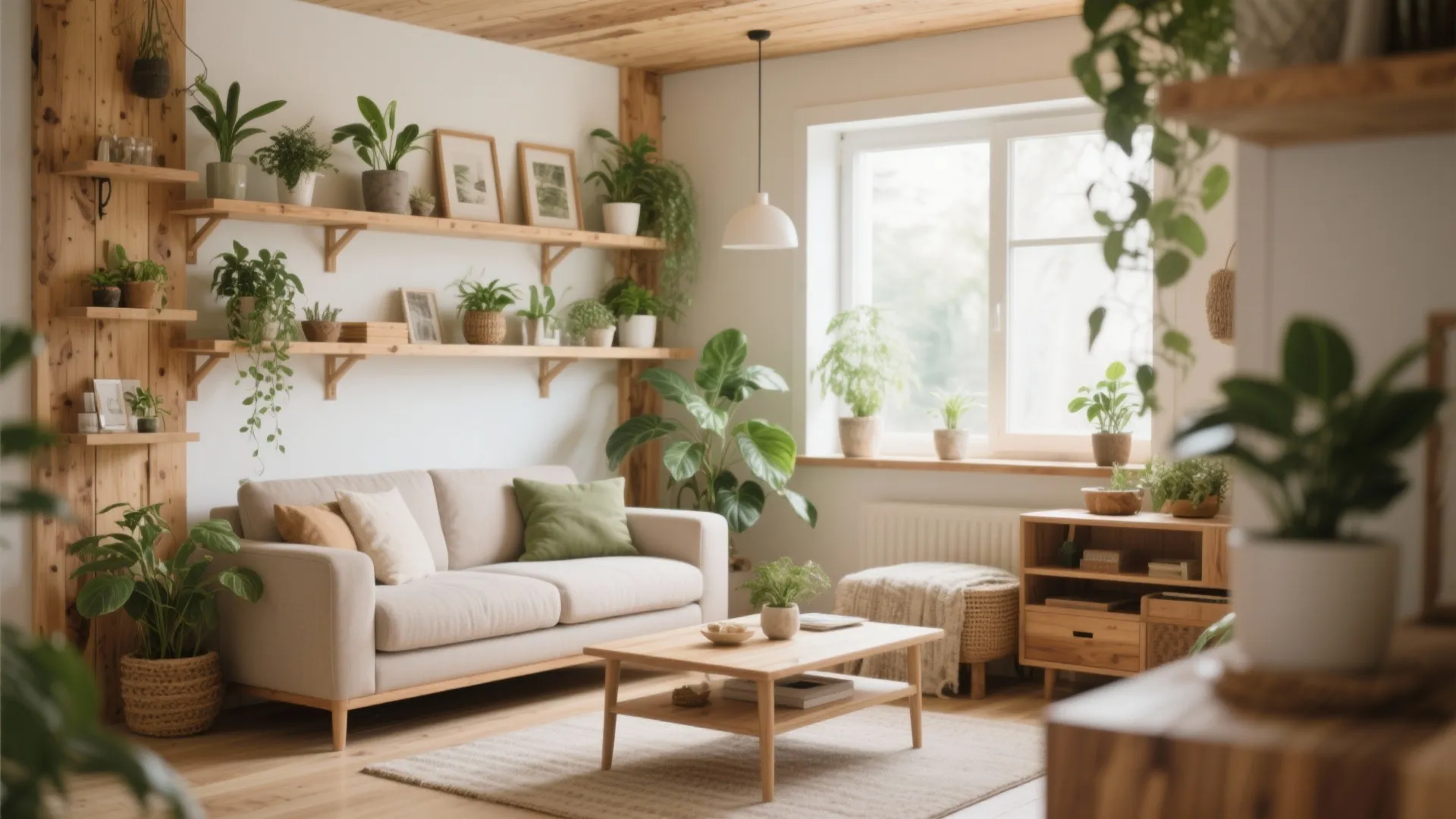 Bright living room design with many green plants wooden shelves light sofa and coffee table