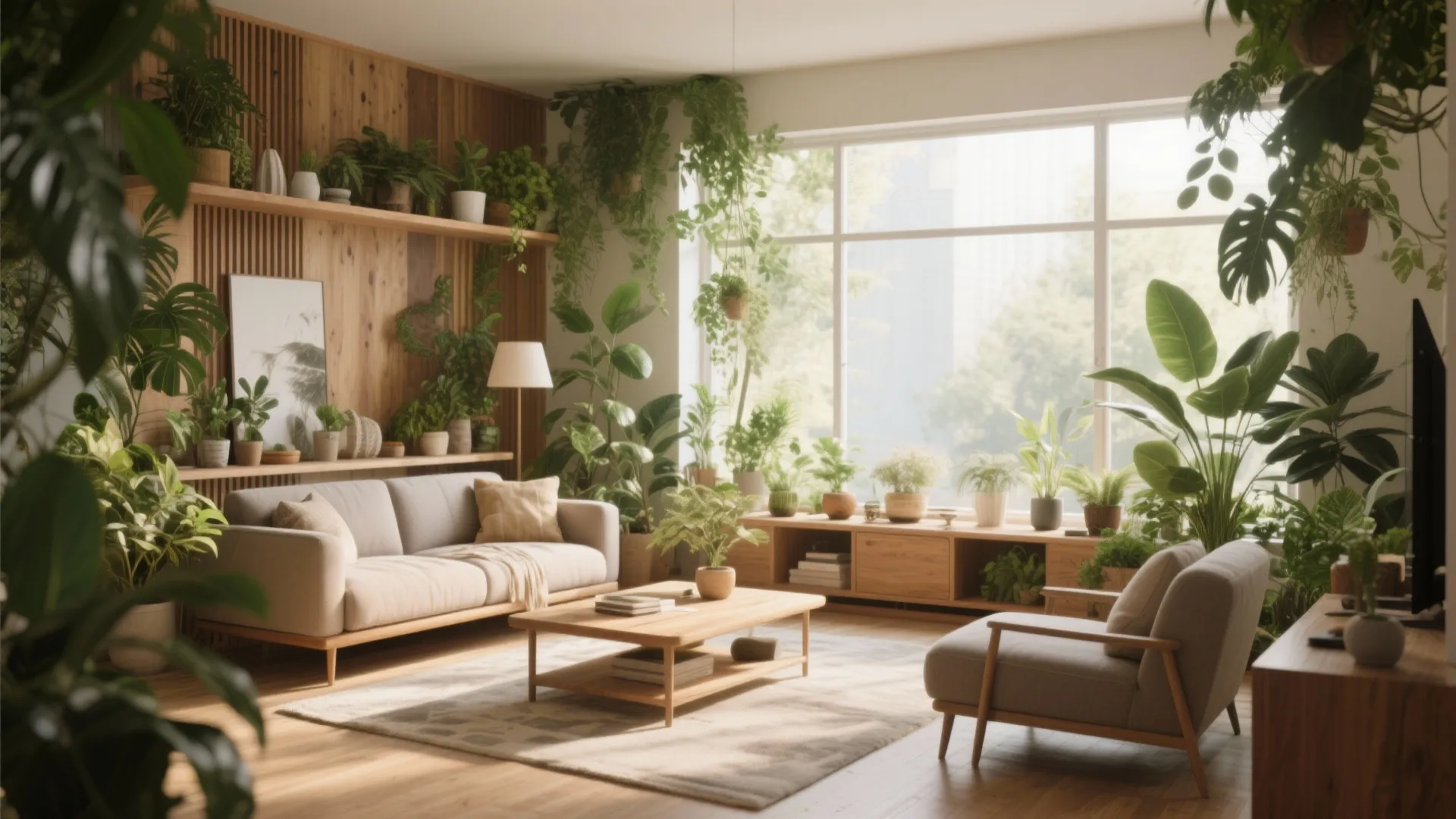Bright living room with many green plants wood wall panel grey sofa and large window