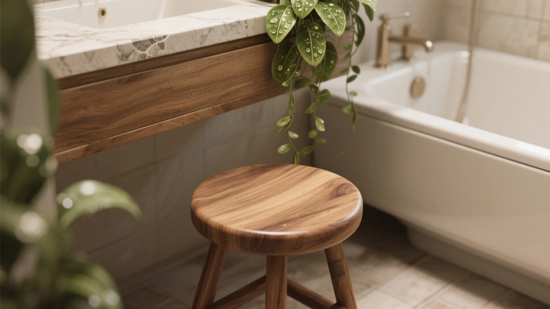 Close up of wooden stool in bathroom near white bathtub with green plants and sink