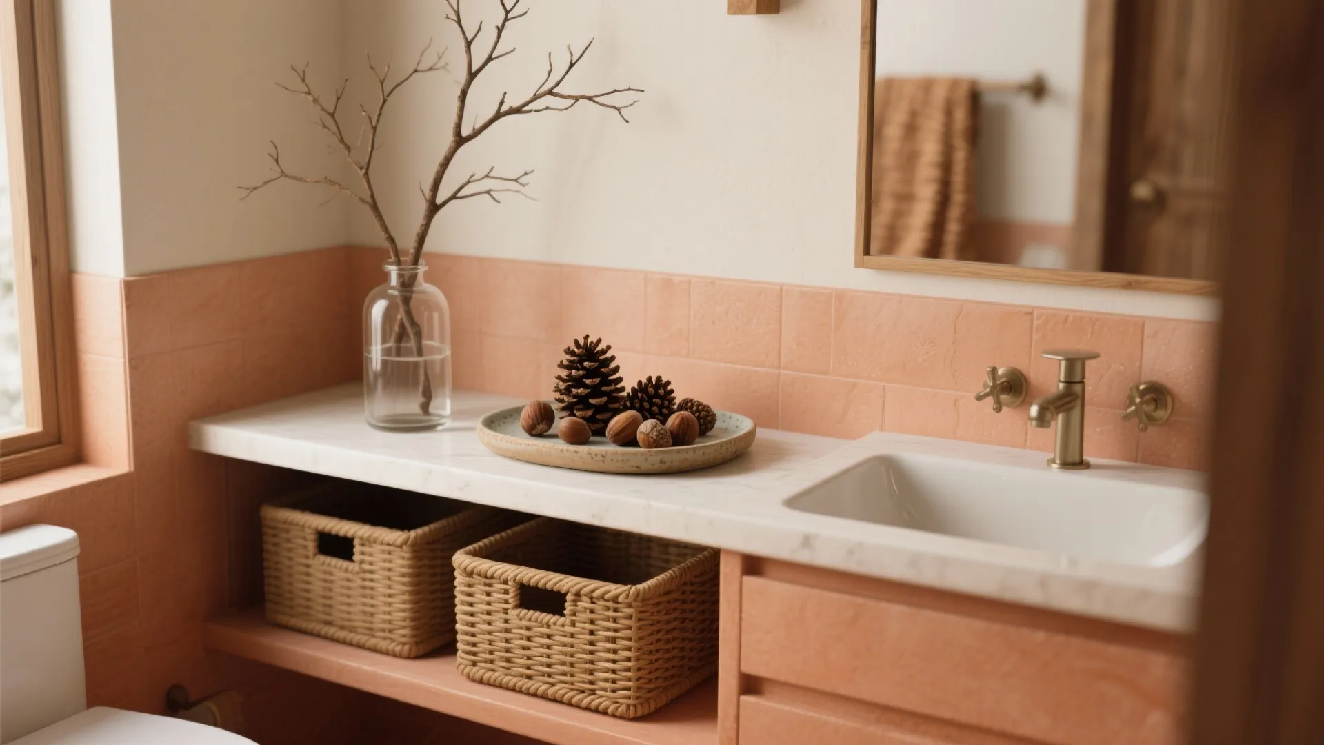 3. Natural elements: branches, pinecones, and woven baskets