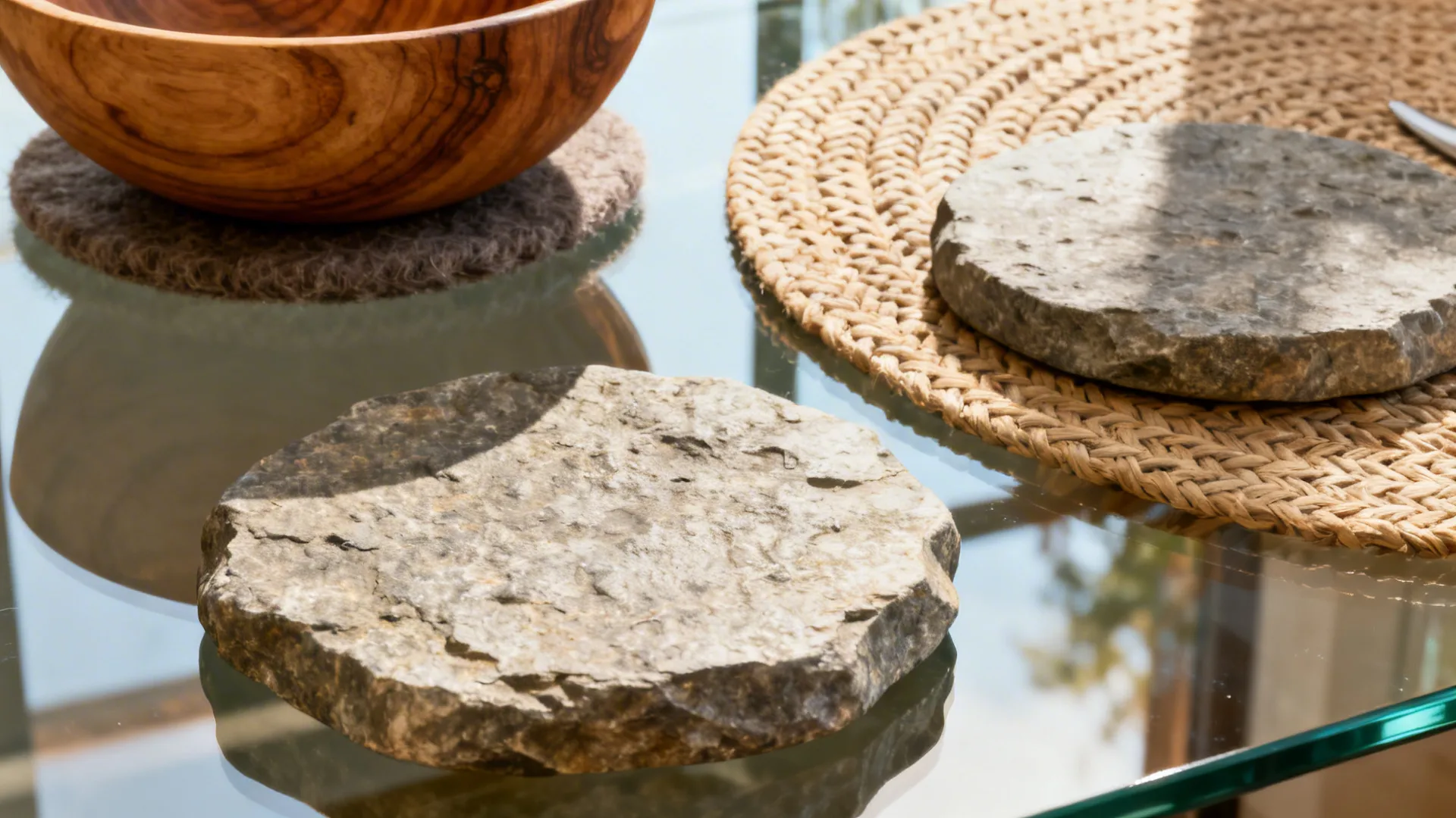 Natural stone coasters and wooden bowl placed on a glass table with woven straw placemat