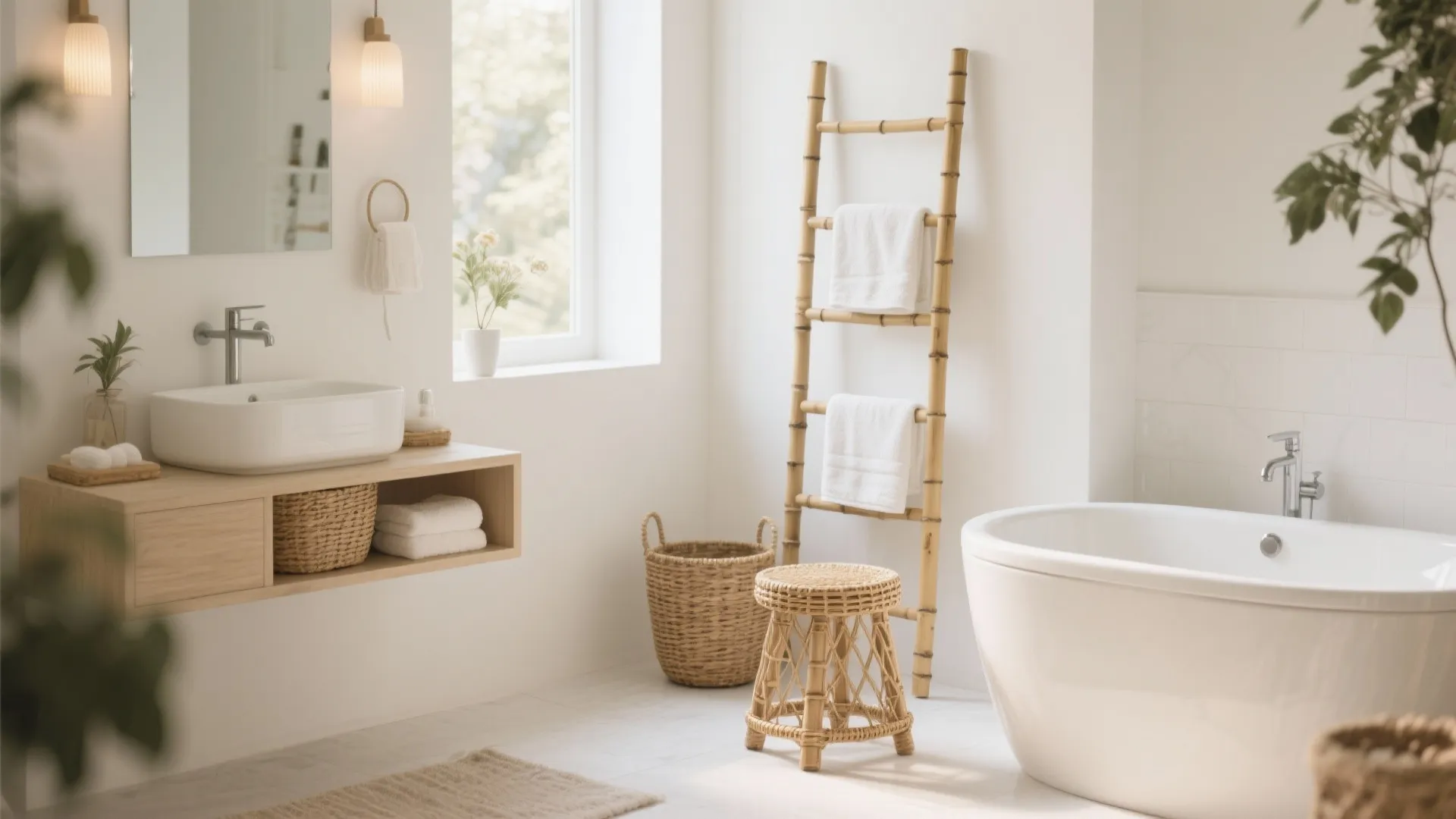 Natural bathroom design with wooden sink cabinet bamboo towel ladder wicker stool and white round bathtub