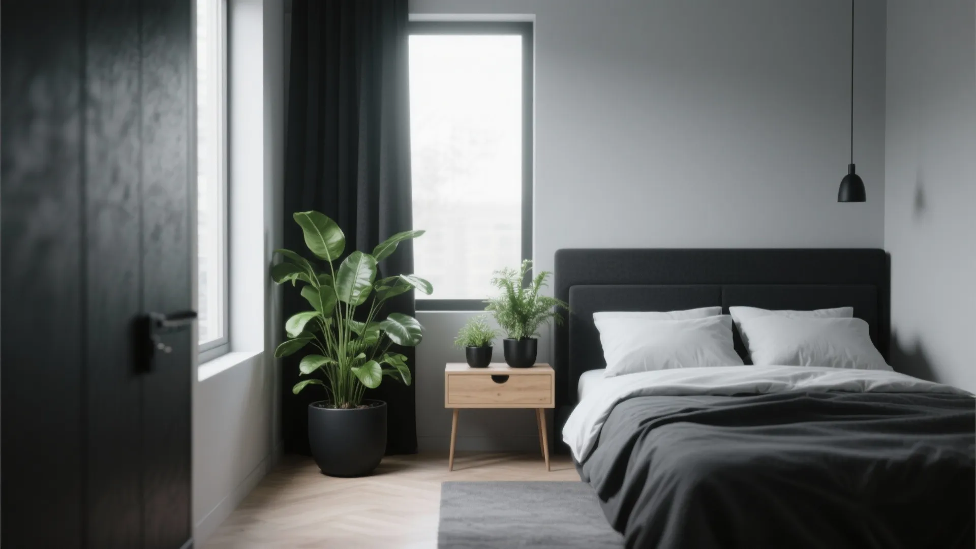 Bright bedroom featuring green potted plants on wooden bedside table and large windows with curtains