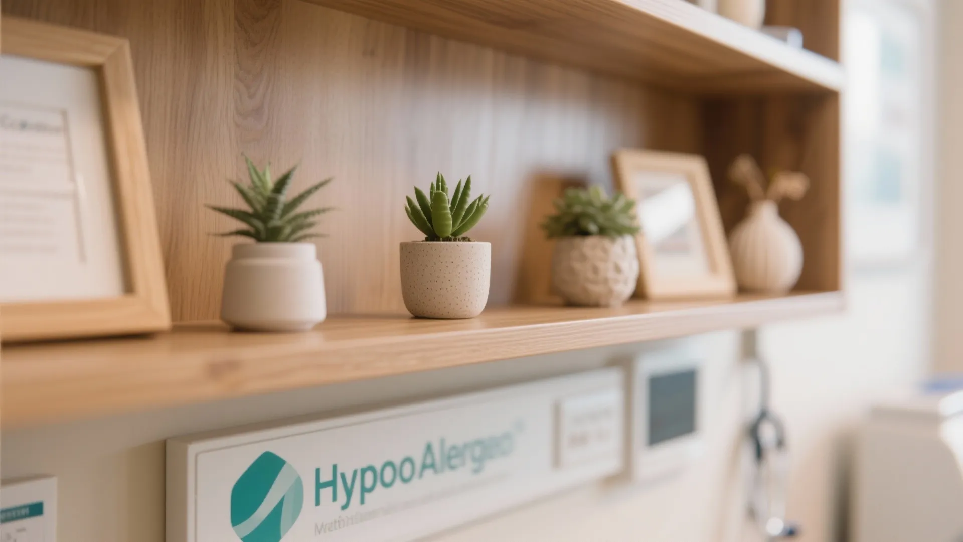Wooden wall shelf holding three small green plants in pots alongside two empty picture frames