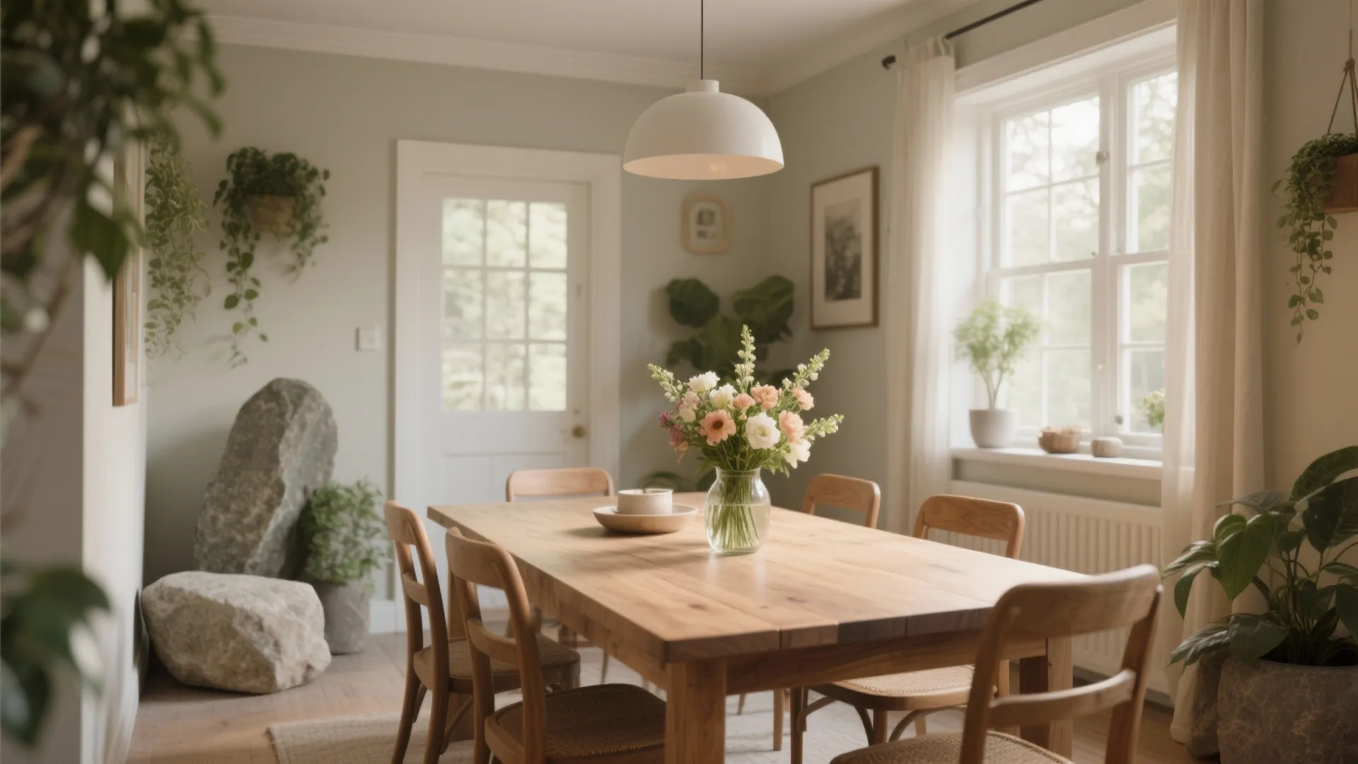 Small dining space with wood table, flowers, and greenery