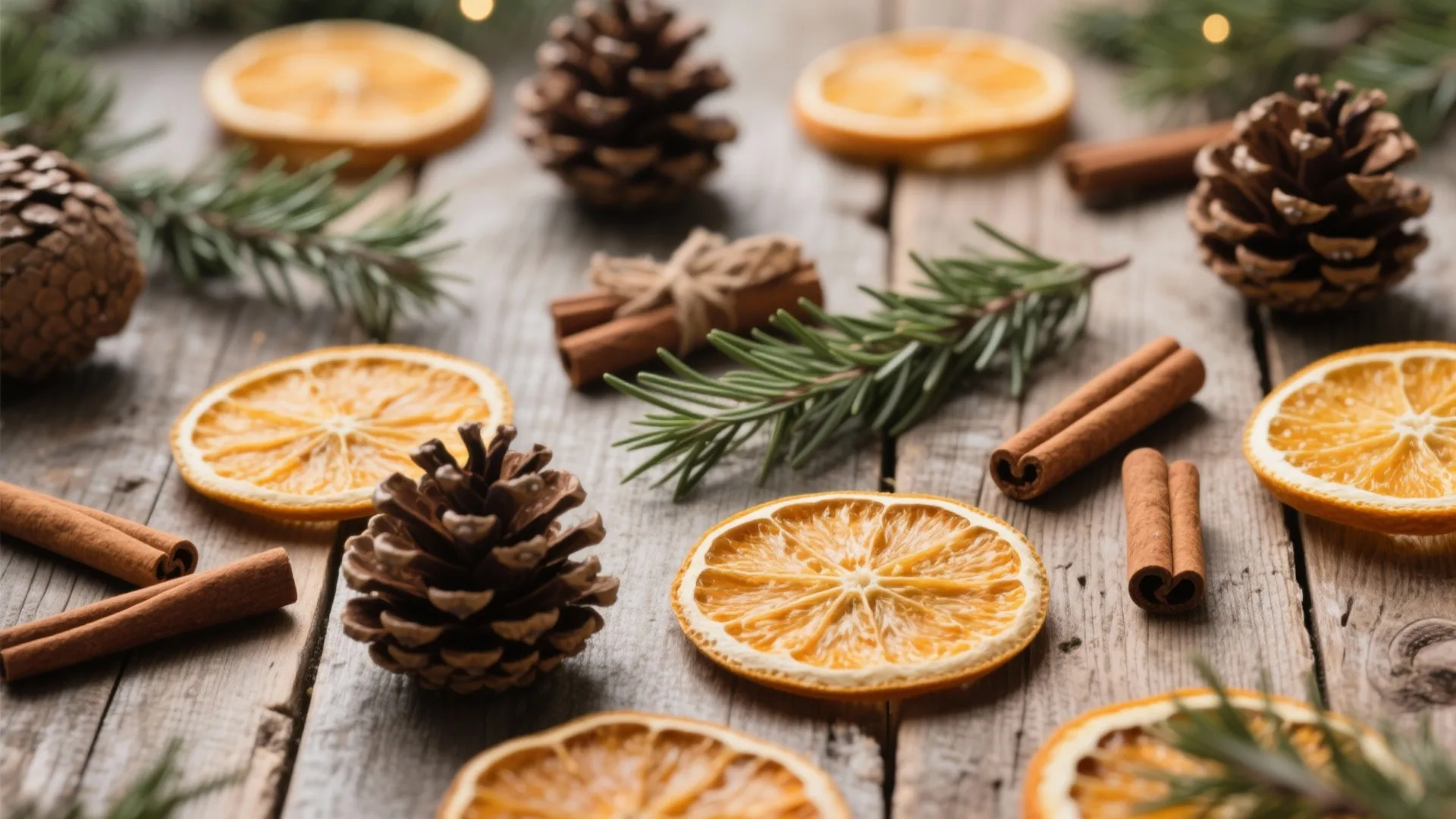 Dried orange slices and pine cones with cinnamon sticks and green leaves on wooden table surface