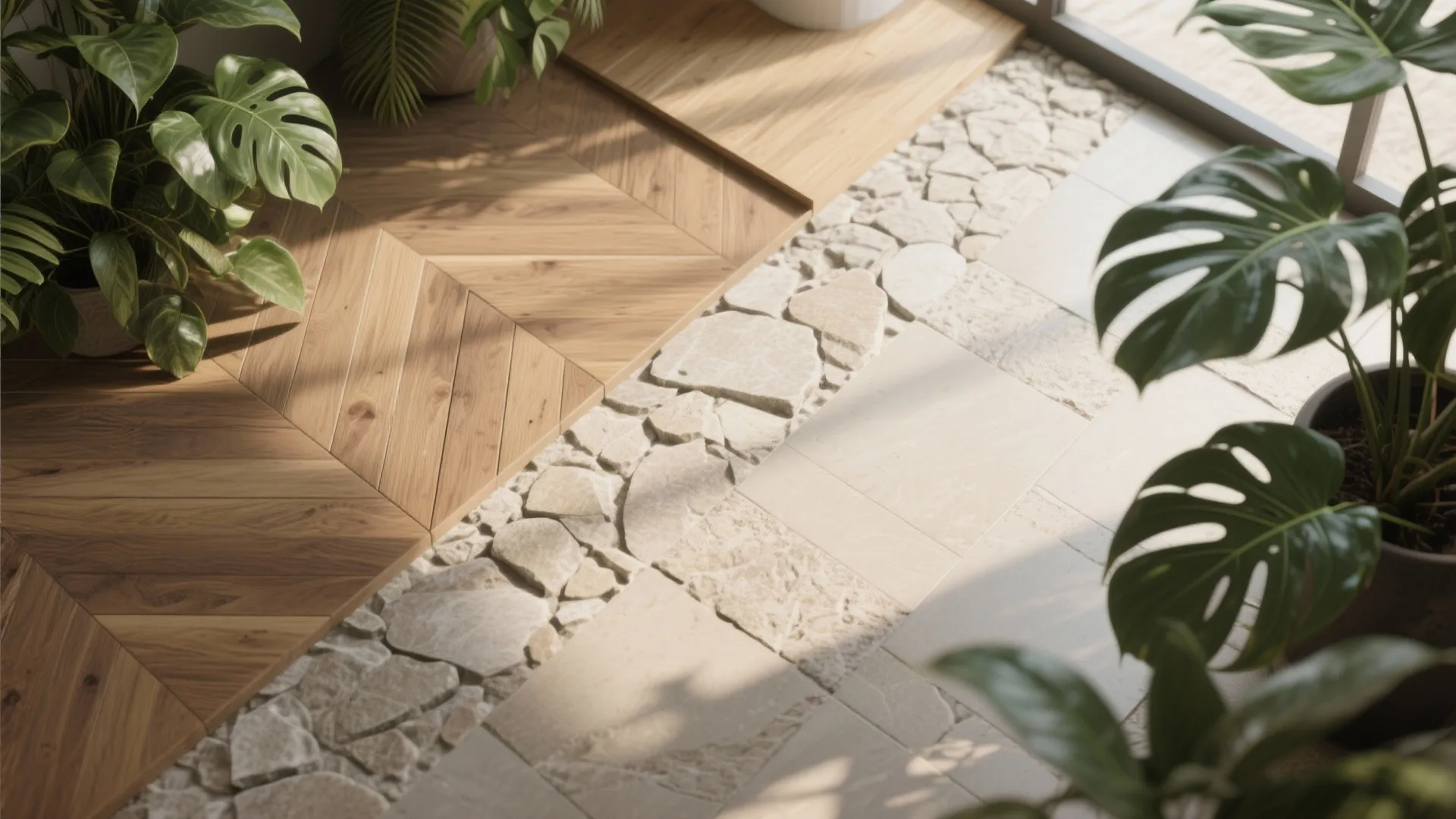 Close up view of wooden floor panels next to white stone tiles and green indoor plants