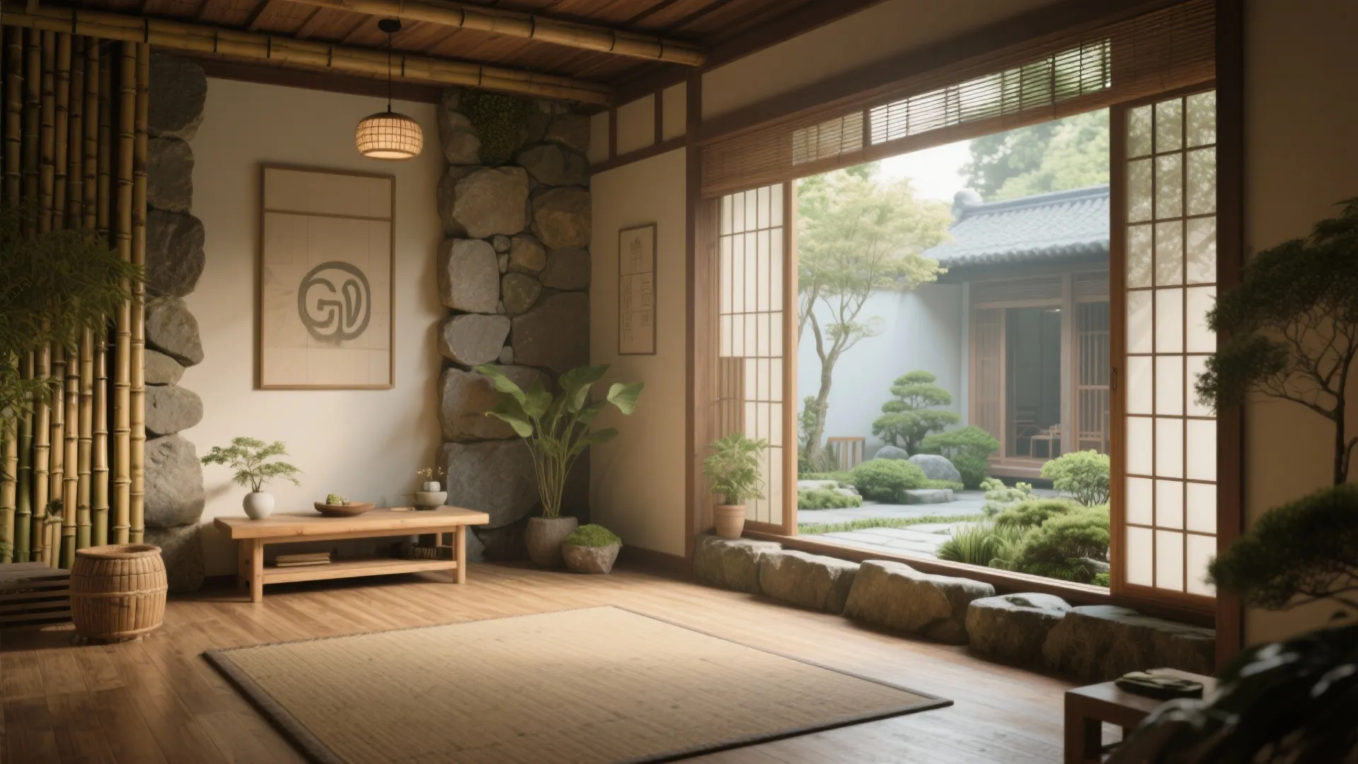 Japanese style meditation room with bamboo wall stone accents floor mat and view of garden outside