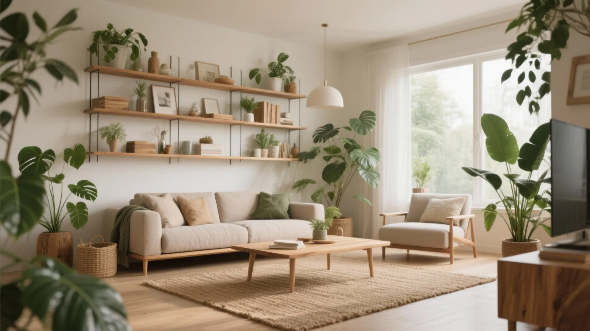 Bright living room featuring beige sofa wooden shelves green indoor plants and large window natural light