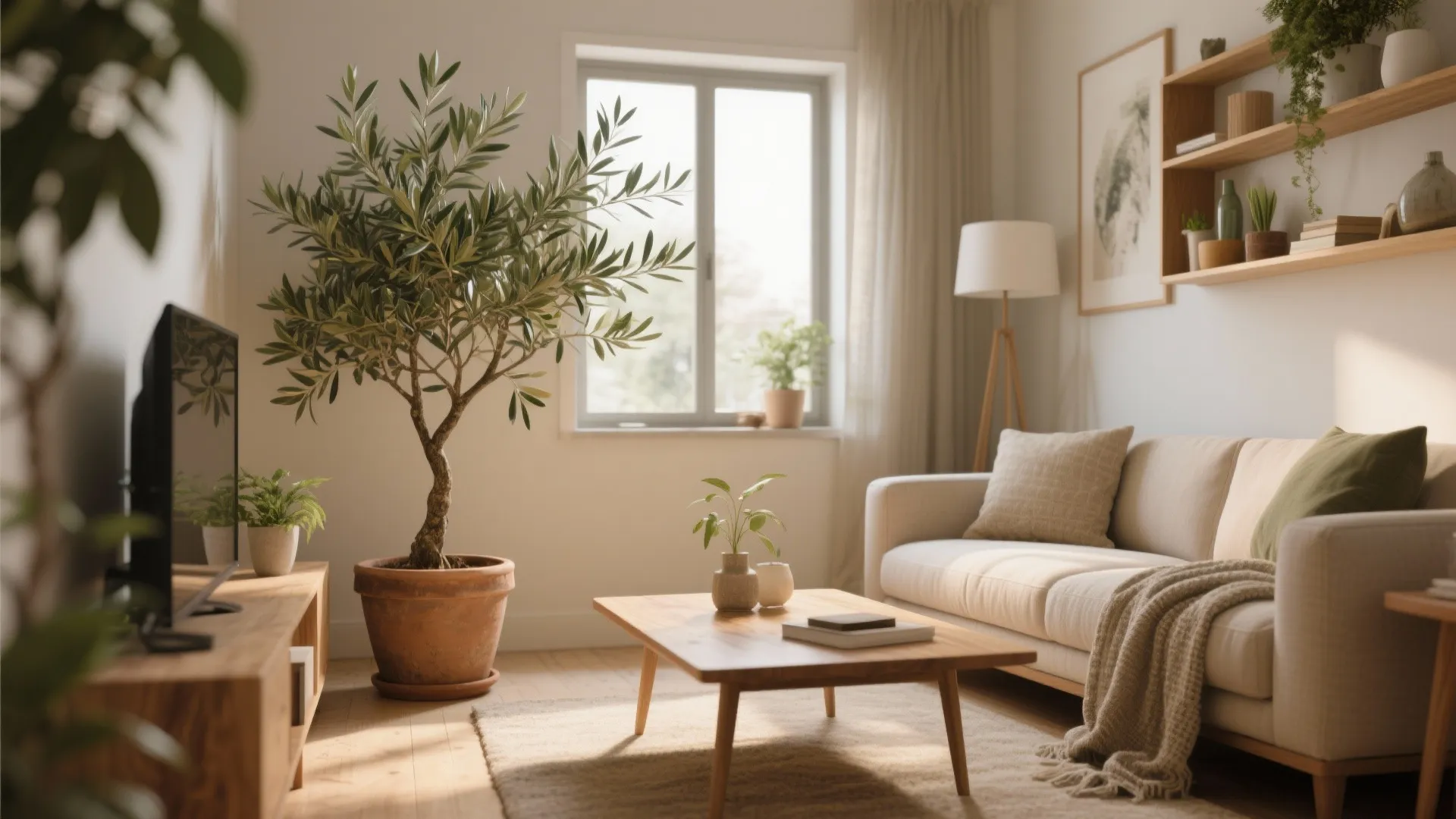 Bright interior with large potted olive tree wooden coffee table cream sofa and wall shelves