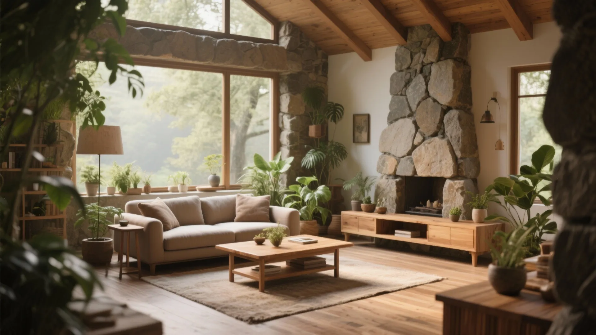 Rustic living room featuring a large stone fireplace wooden ceiling beams beige sofa and green plants